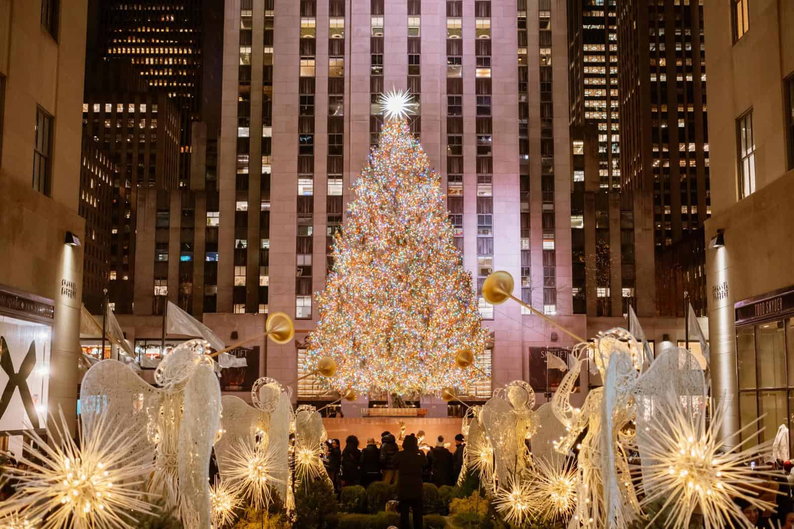 Brightly lit Christmas tree in a city plaza during evening, surrounded by festive holiday decorations and urban architecture.