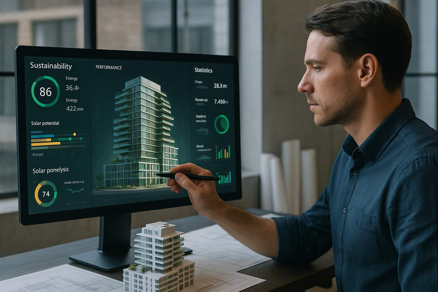 Digital BIM dashboard showing sustainability and performance analytics for a 3D model