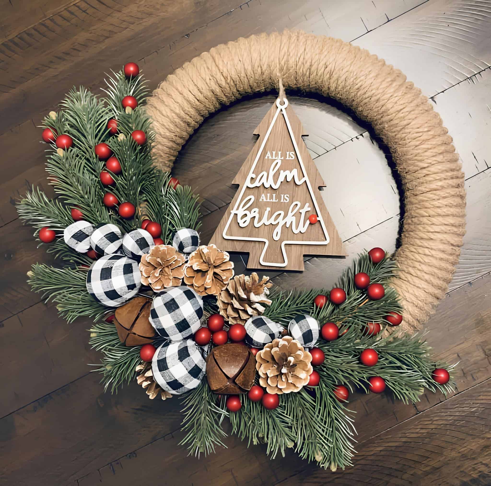 Cozy farmhouse wreath with buffalo plaid ornaments, pinecones, red berries and jingle bells