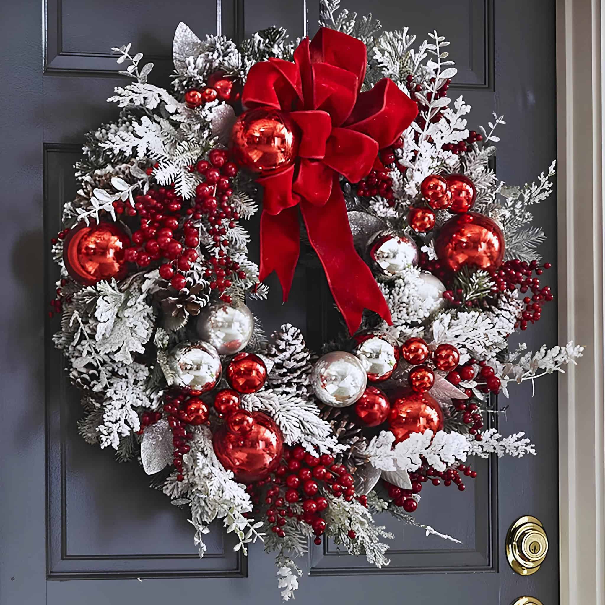 Vibrant Christmas wreath decorated with red and white ornaments, frosted pine branches, and a large red velvet bow, hanging on a dark door for holiday festive decor.