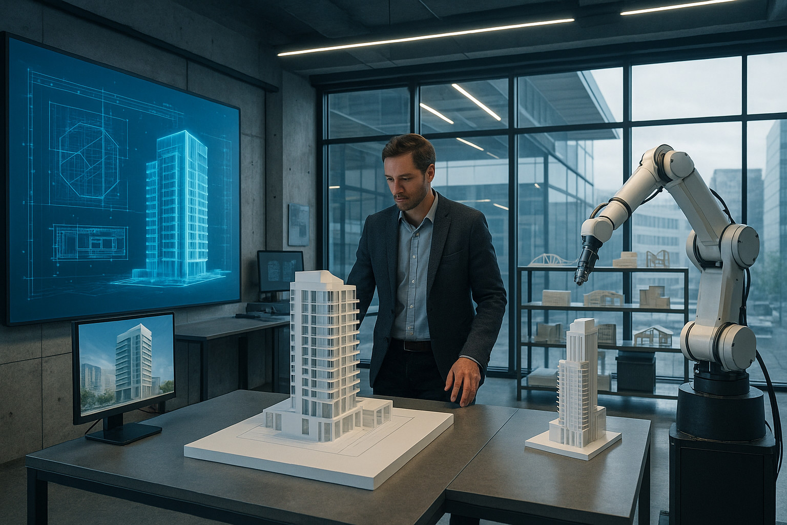 Futuristic architecture studio integrating AI modeling and robotic fabrication