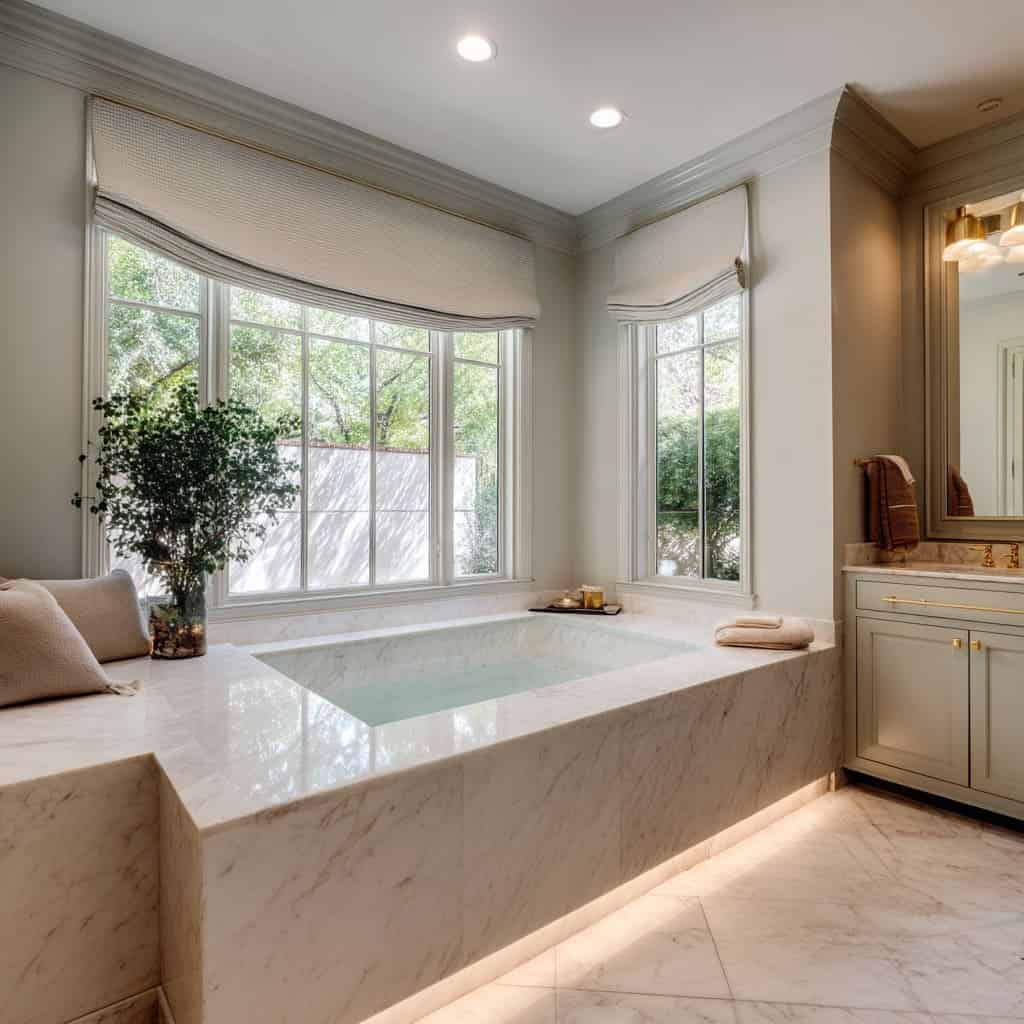 Freestanding garden tub on a raised platform near a window
