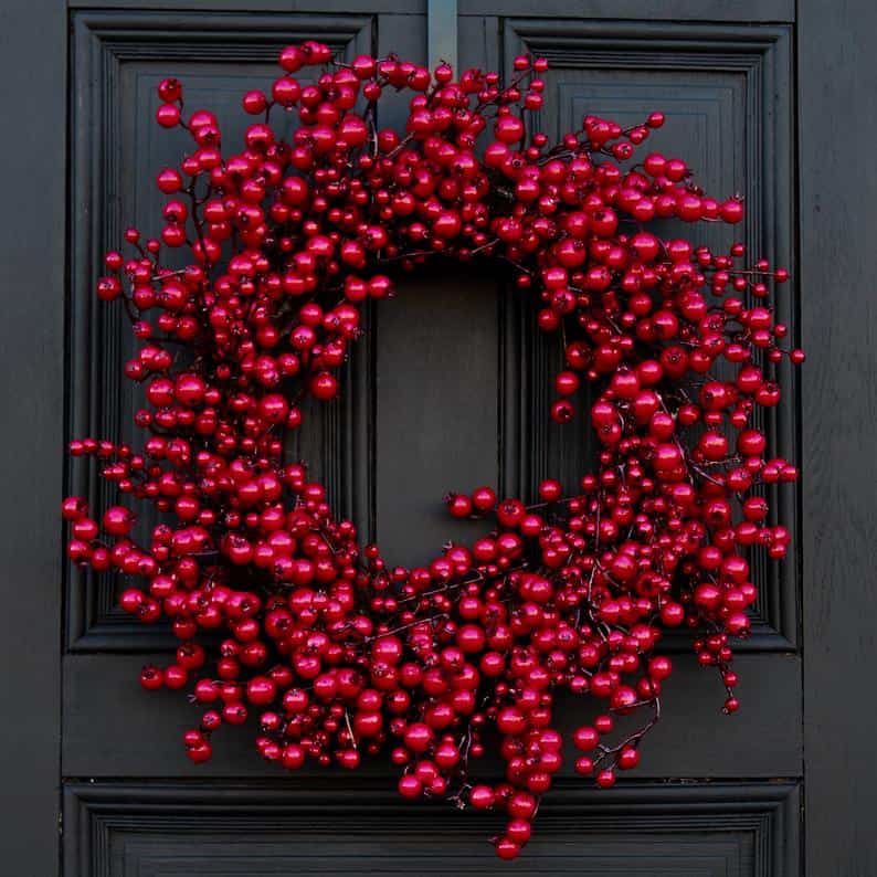Glossy red berry Christmas wreath with metallic finish