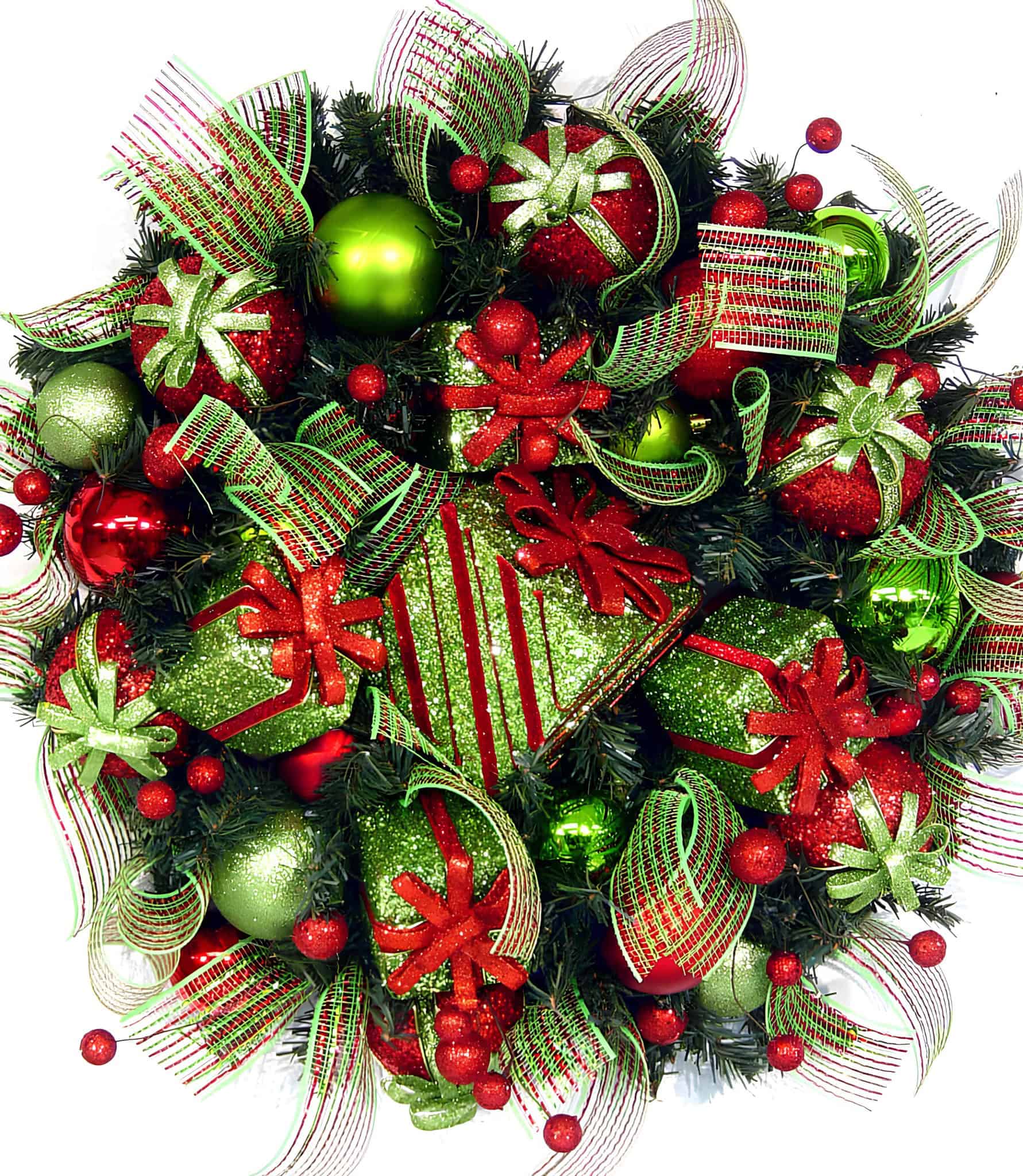 Ribbon wreath packed with green and red presents and glitter ornaments