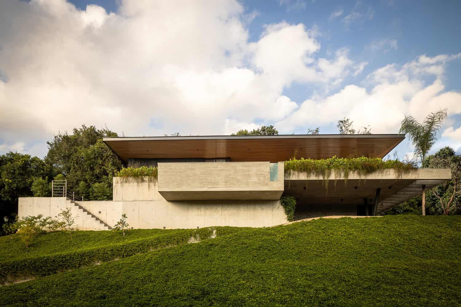 Sleek modern house with concrete and wood accents, lush greenery, and a landscaped incline, showcasing contemporary architecture and eco-friendly design elements.