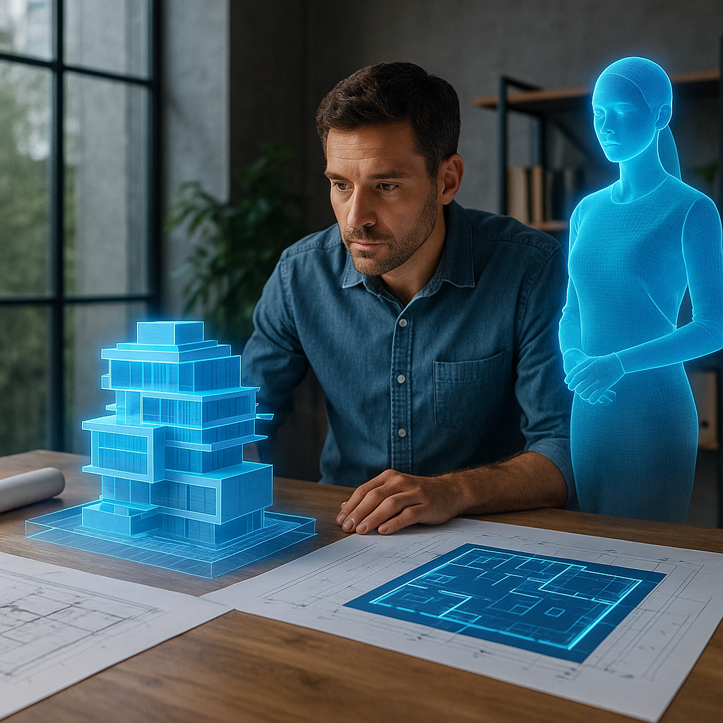 Architect working with AI holographic assistant to visualize a building project