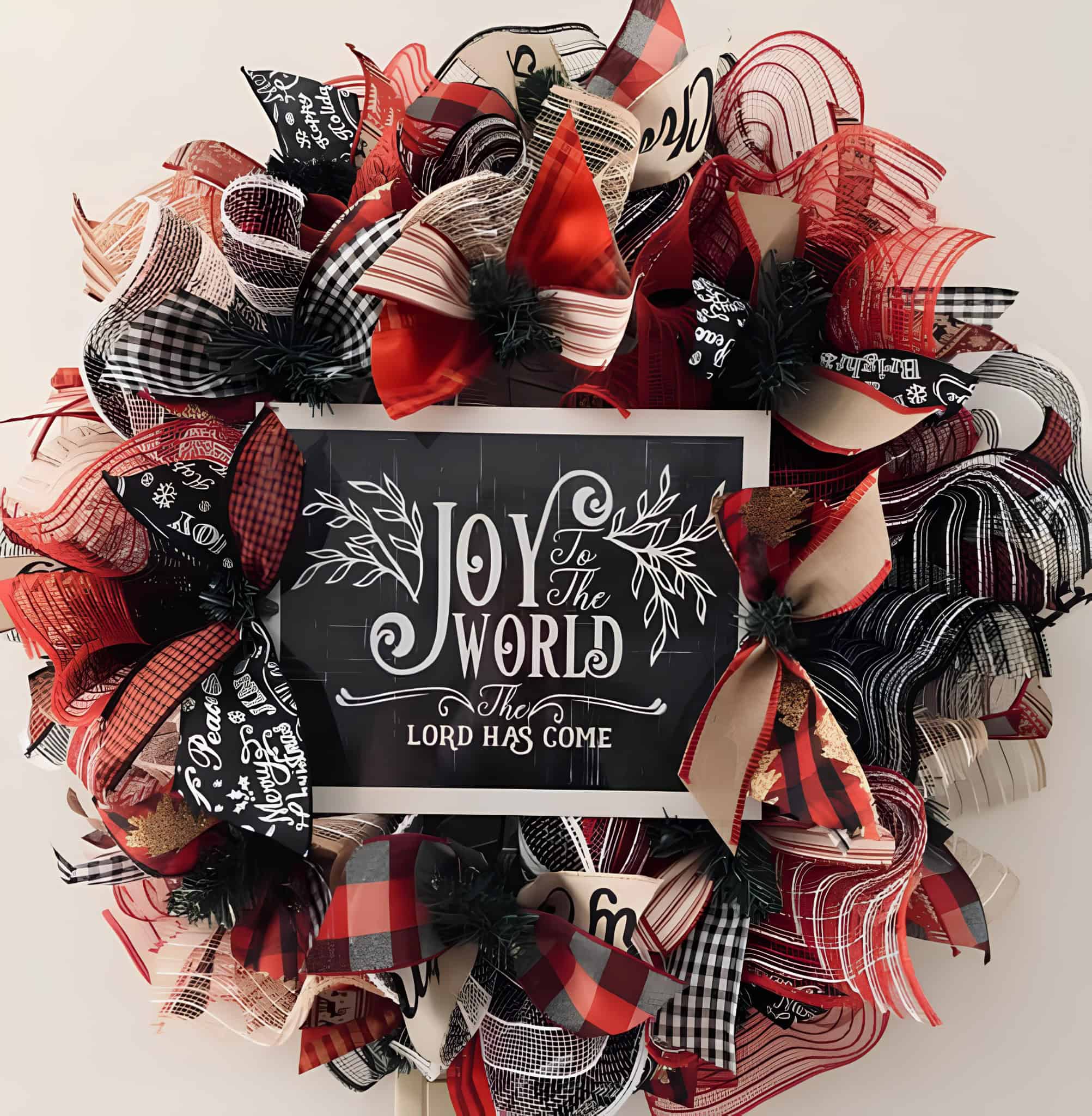 Buffalo plaid ribbon wreath with Joy to the World sign in black and red