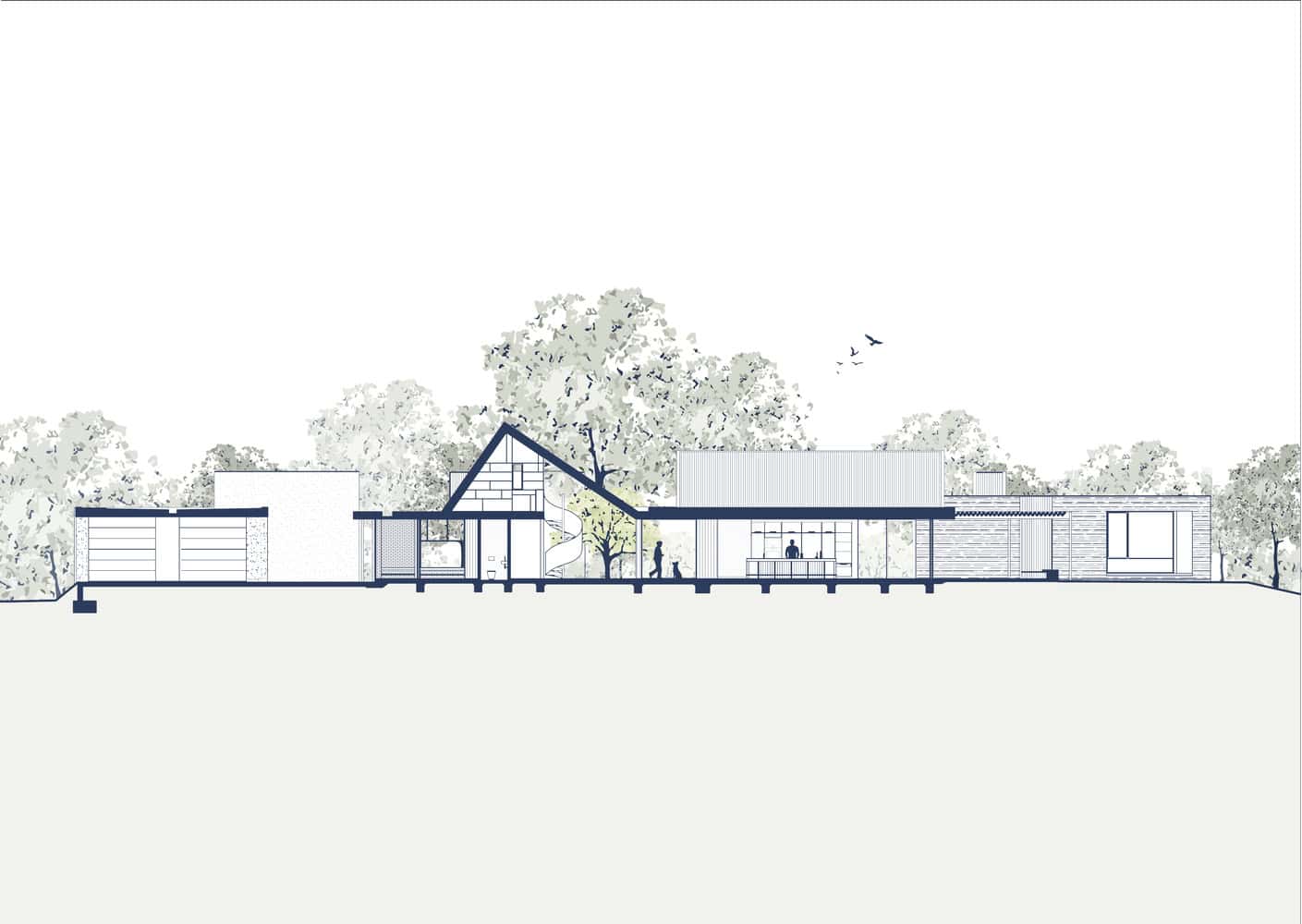 Korinda House Section B by Bent Architecture Contemporary house architectural blueprint with modern design elements and surrounding trees, showcasing innovative residential architecture and interior layout in an artistic line drawing style.