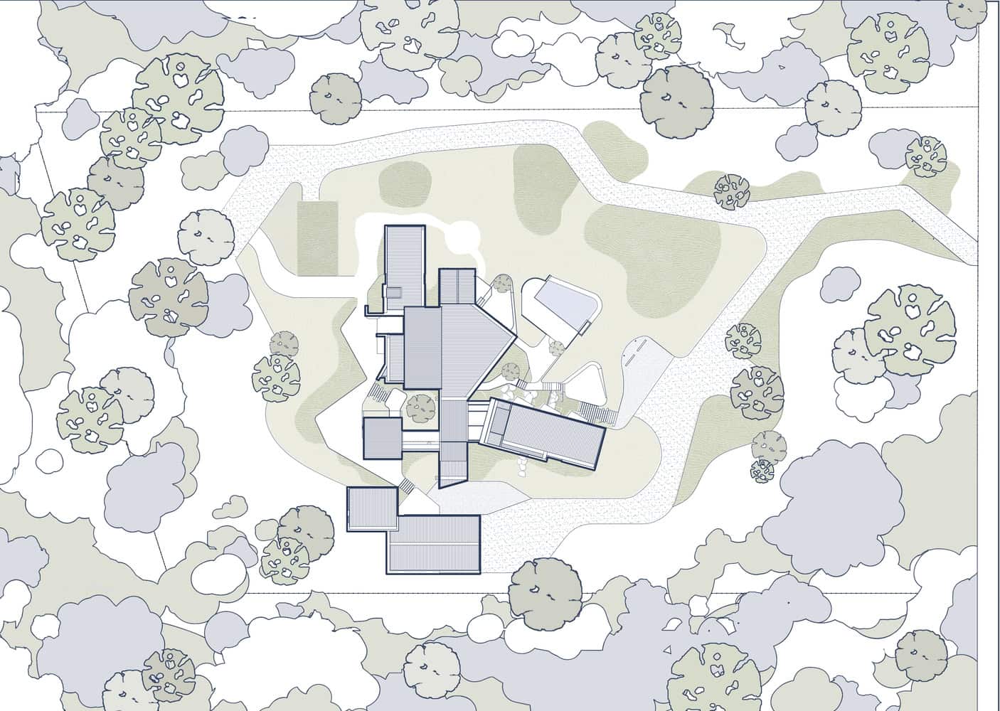 Korinda House Site Plan by Bent Architecture Modern house architectural site plan with surrounding landscape and trees, showcasing contemporary design and layout.