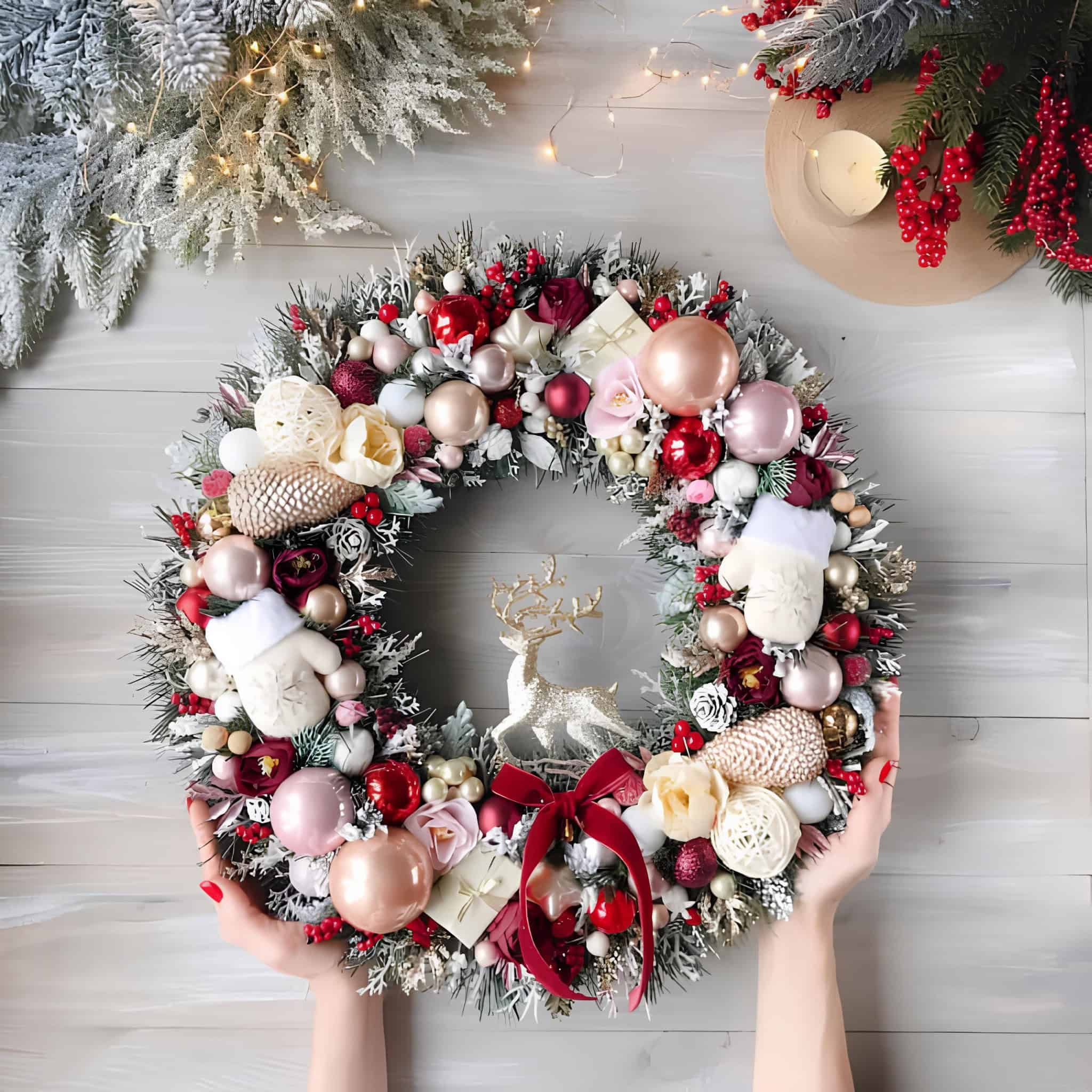 Luxurious lantern wreath with blush ornaments, roses, and reindeer accent