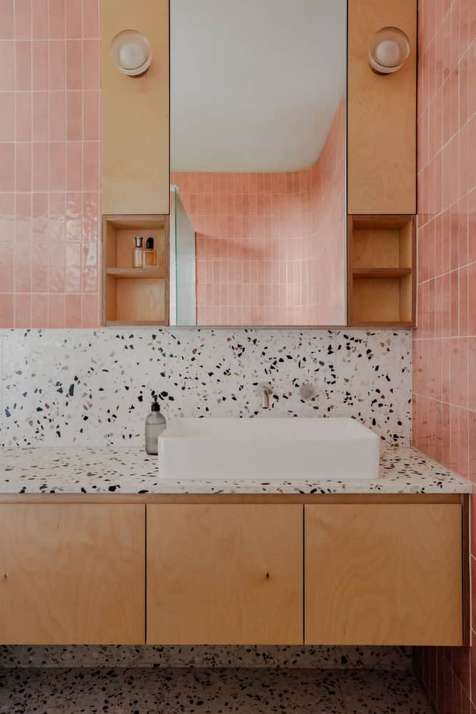 Mahogany House Bathroom Terrazzo and Pink Tiles by R ARCHITECTURE Mahogany House by R ARCHITECTURE, terrazzo vanity and pink tile walls, Mount Waverley, Victoria