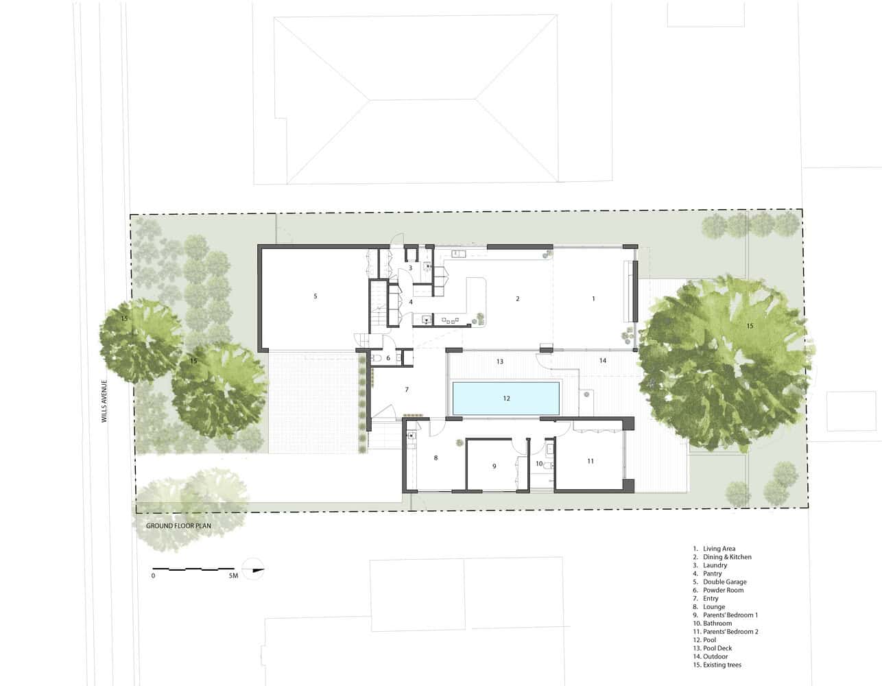 Modern residential house floor plan with outdoor pool, garden, and garage, showcasing contemporary architecture and functional interior layout for comfortable living.