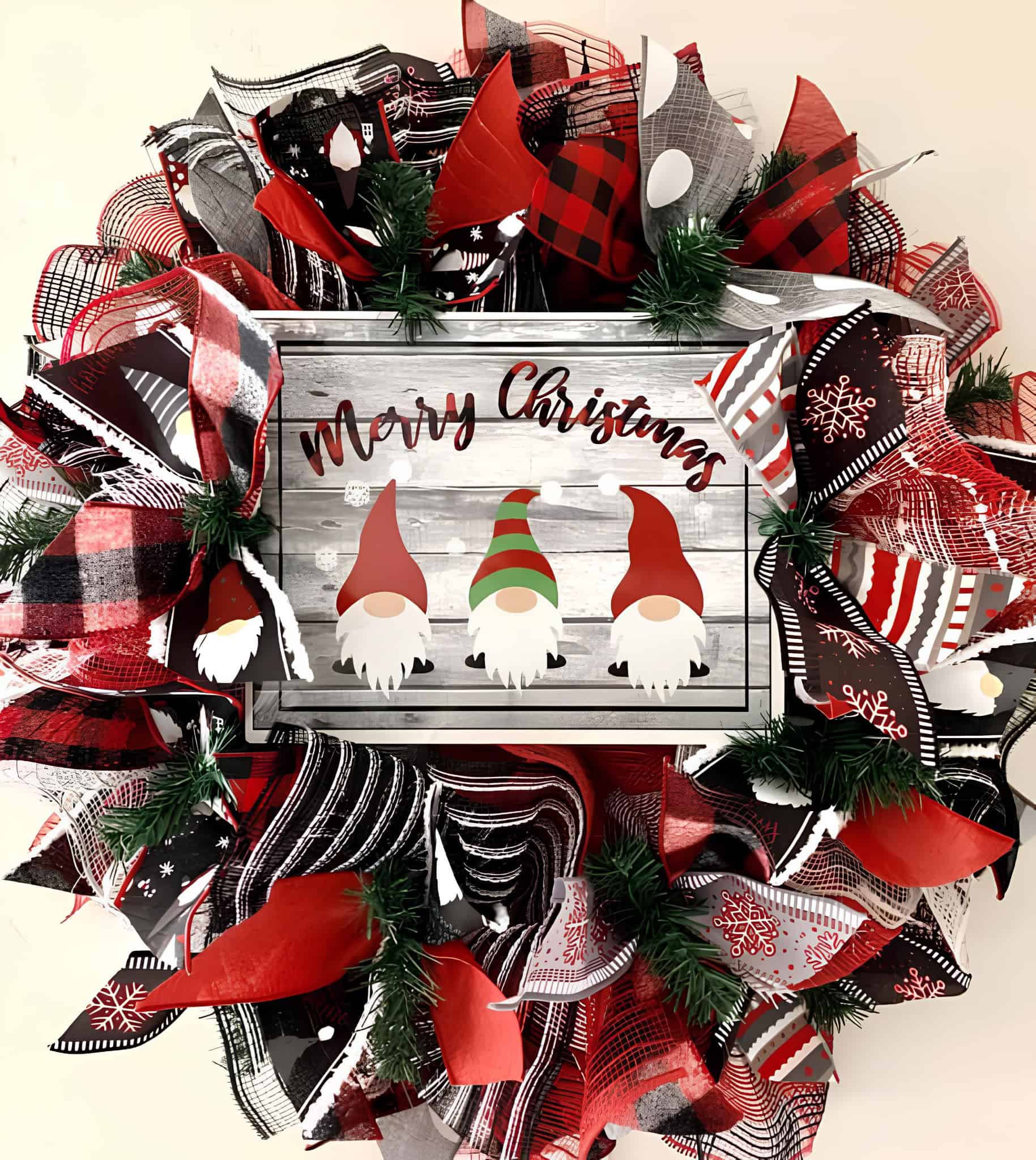 Ribbon wreath with Merry Christmas gnomes sign in red, black and white