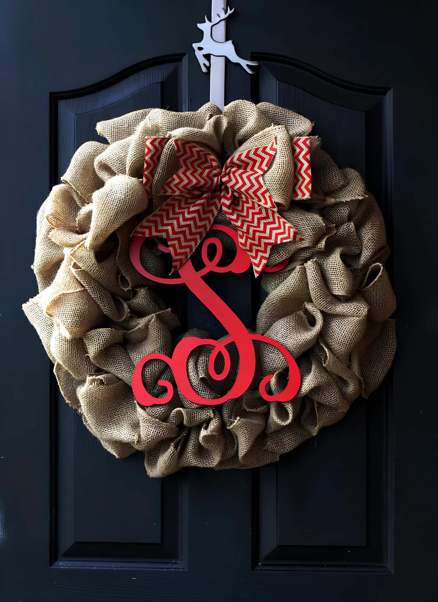 Burlap wreath with red monogram letter and chevron bow