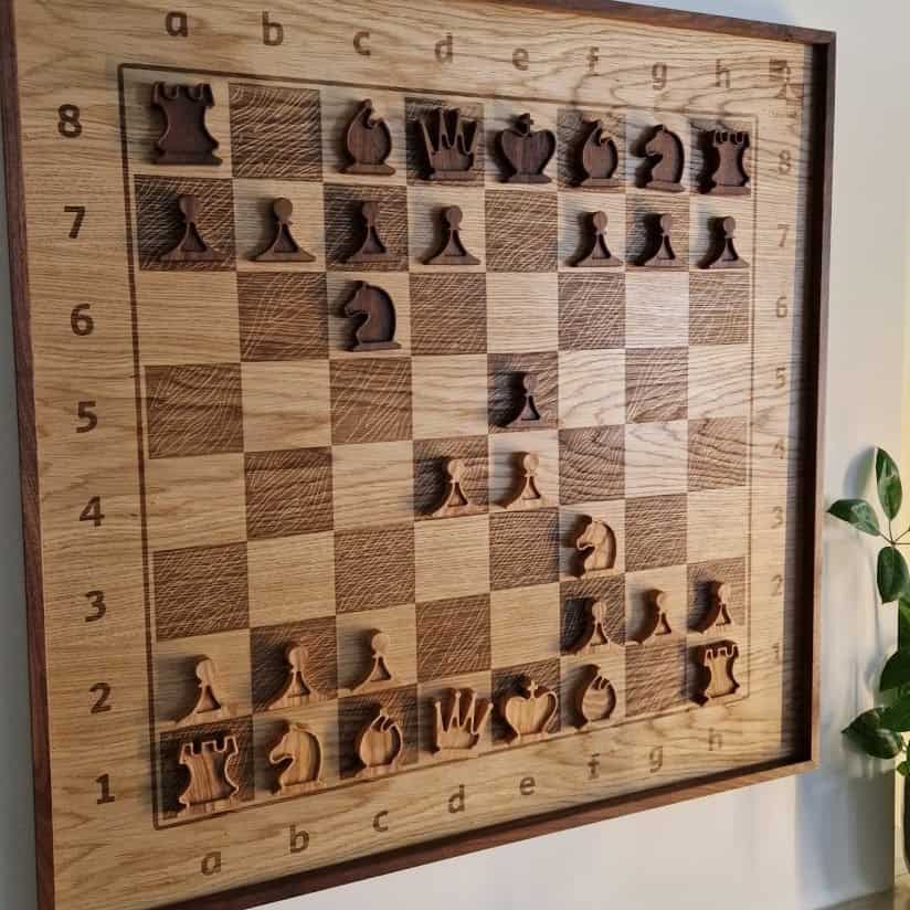 Elegant light wood vertical chess set by ChessboArt, showcasing bespoke craftsmanship and seamless integration into contemporary home design.
