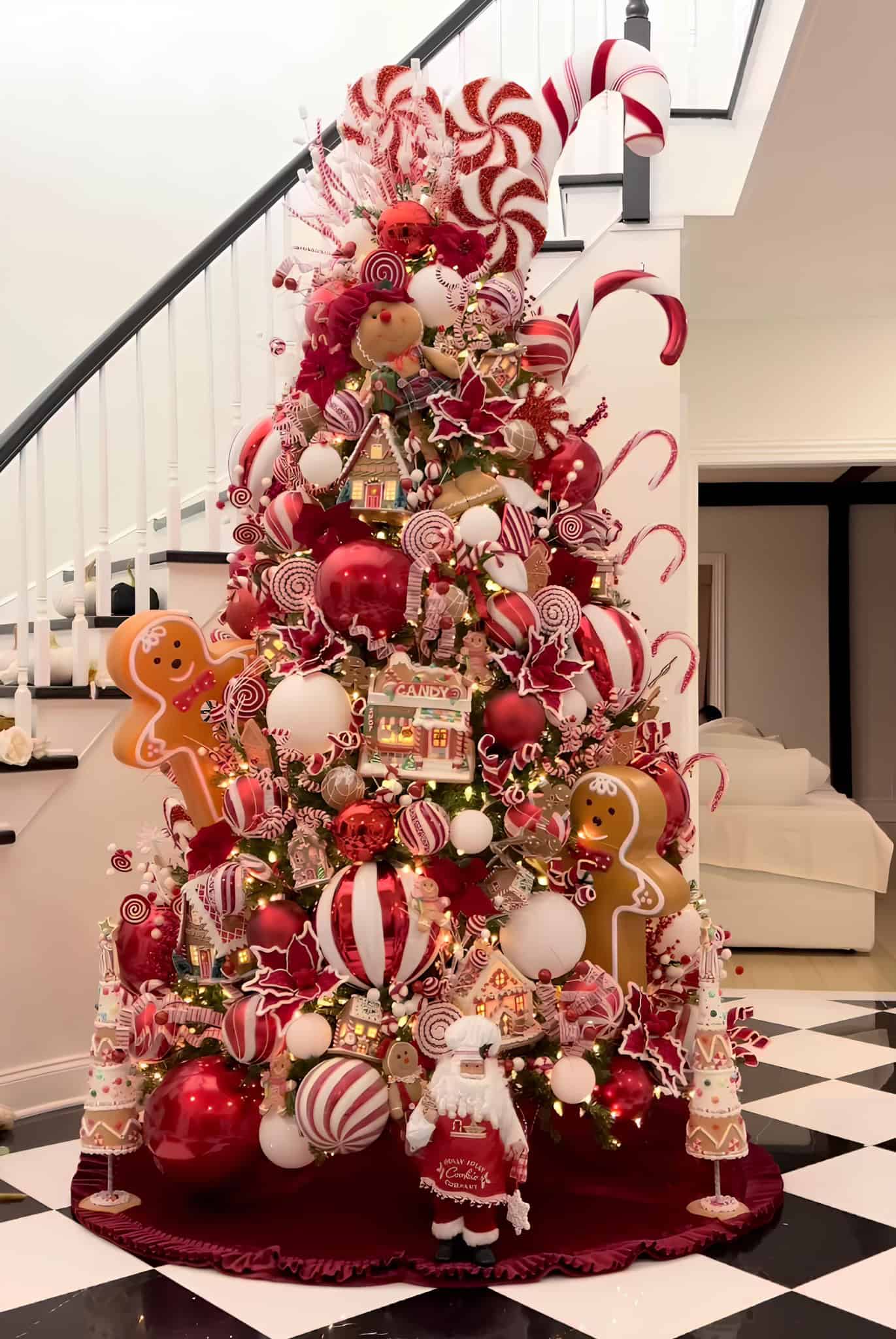 Candy-themed Christmas tree with peppermint, lollipop, and gingerbread decorations