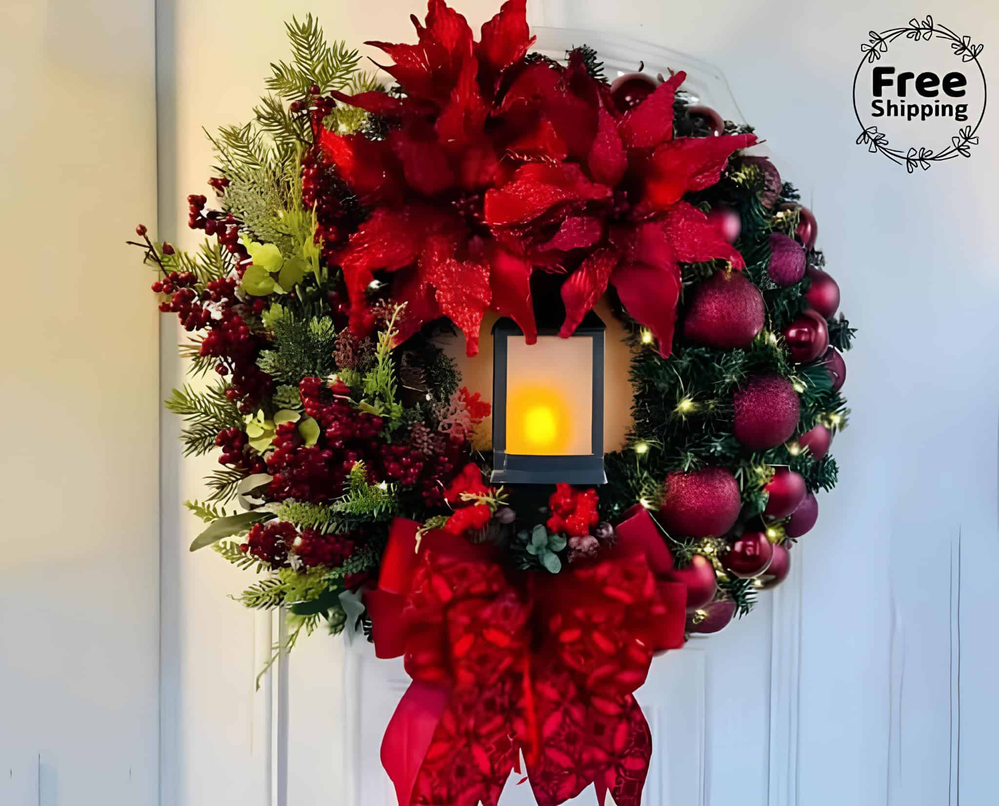 Christmas pine wreath with poinsettias and warm lights