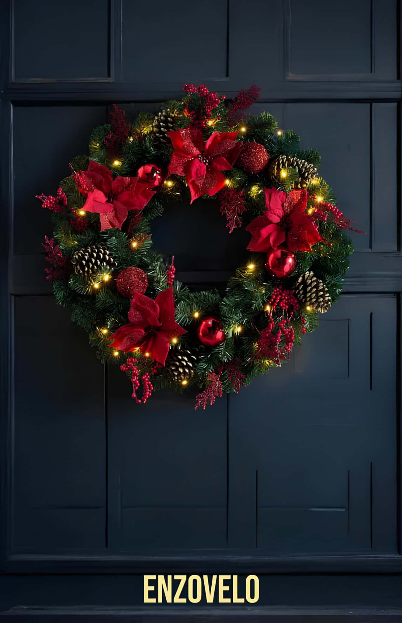 Pine Christmas wreath with buffalo plaid bow and berries