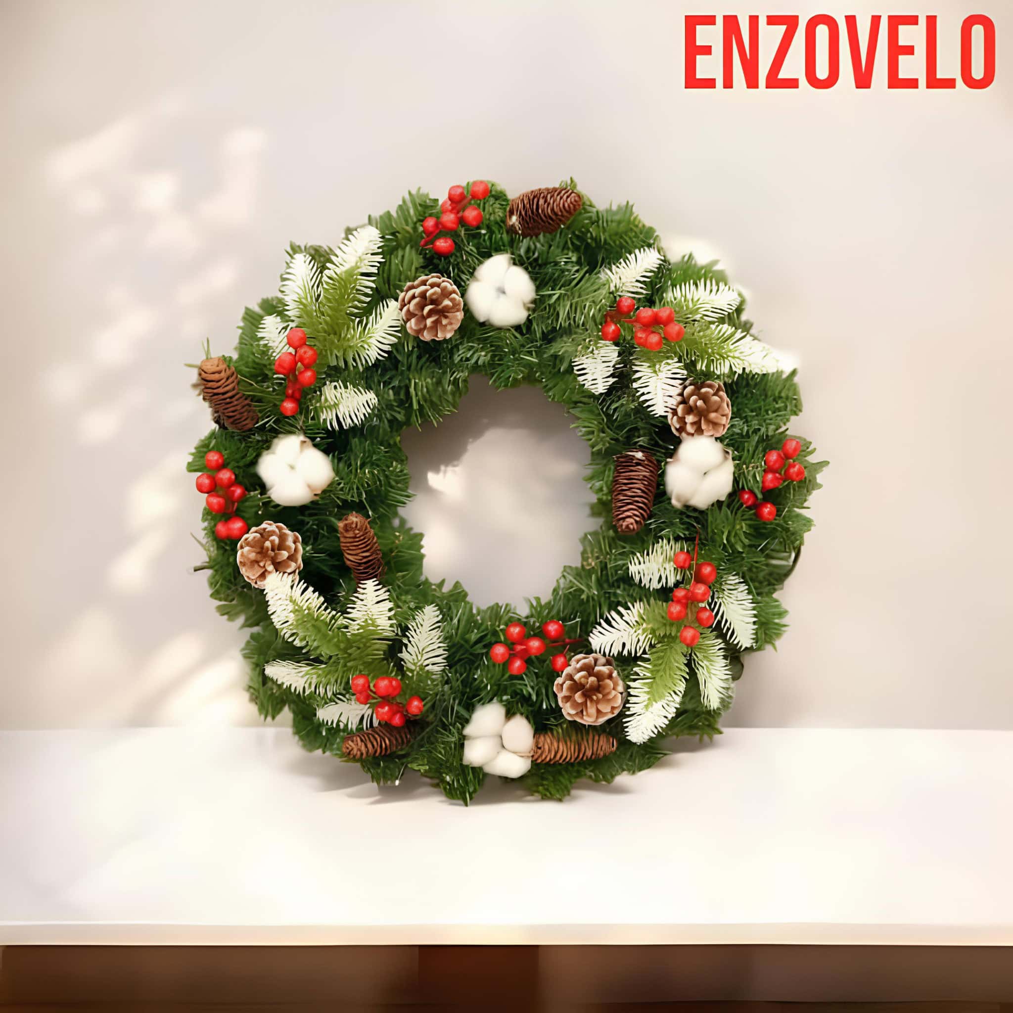 Classic Christmas pine wreath with red ribbon and berries