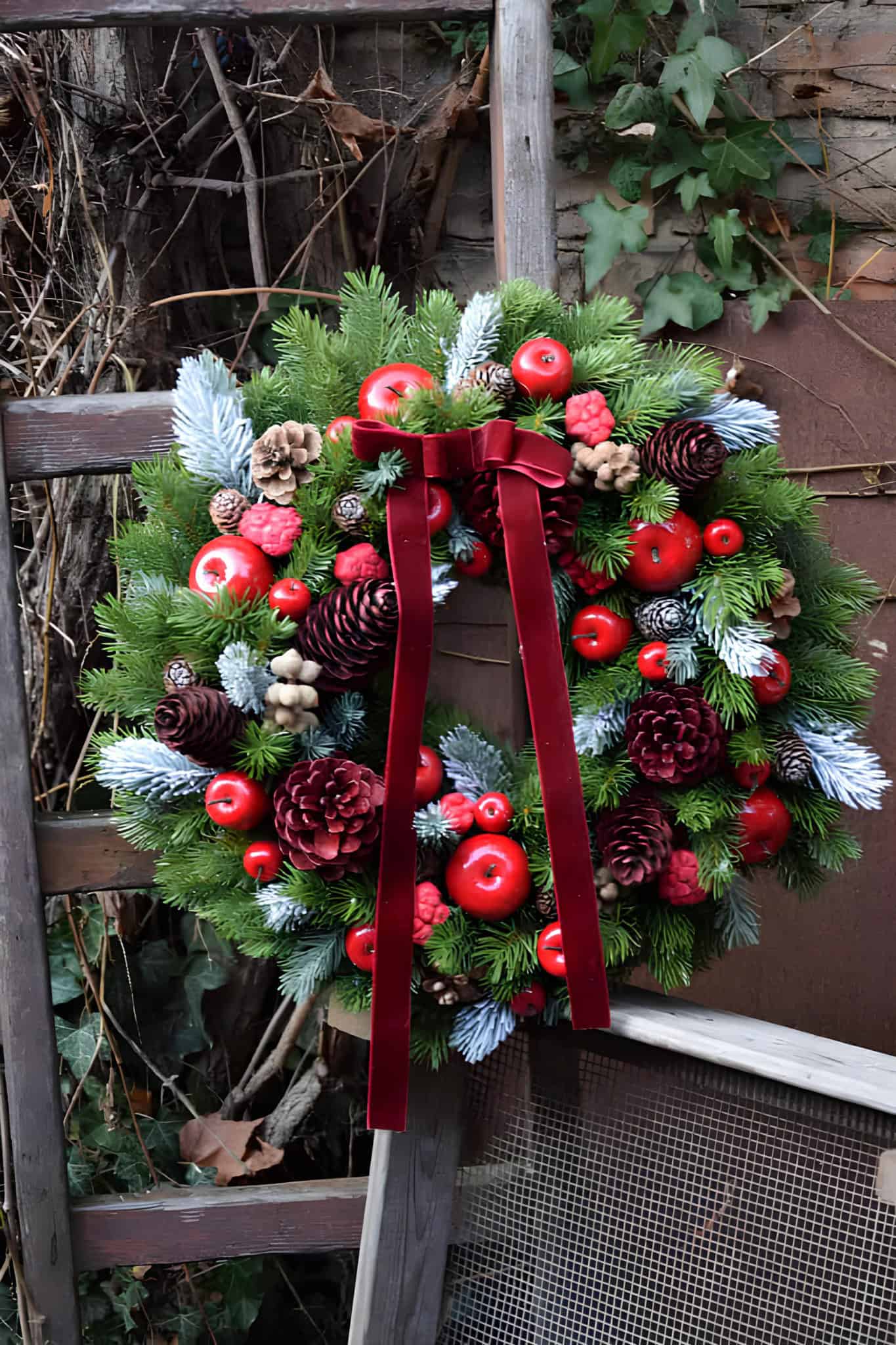 Farmhouse grapevine and pine mix wreath with berries