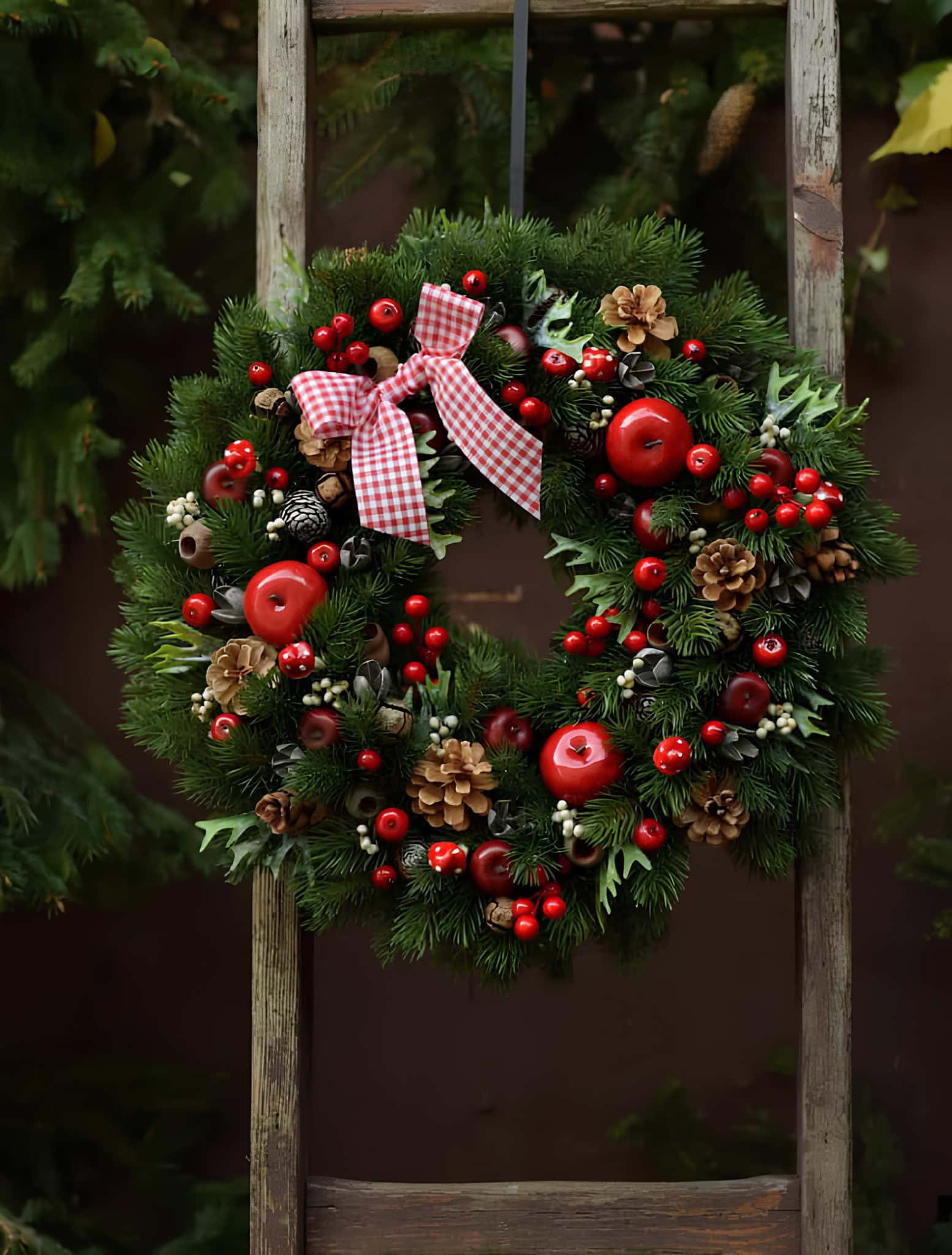 Winter pine wreath decorated with soft white accents