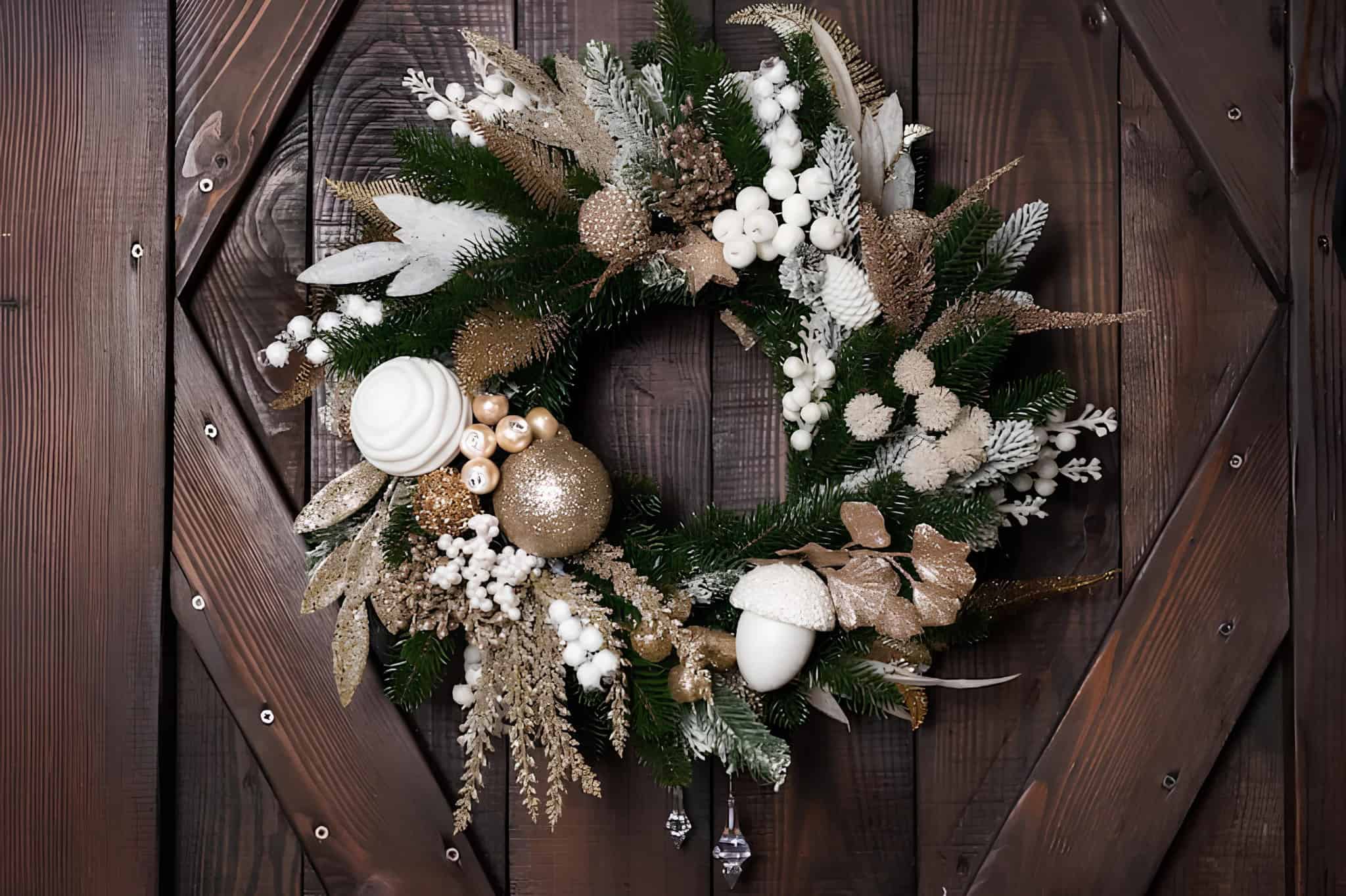 Festive holiday pine wreath with a large bow