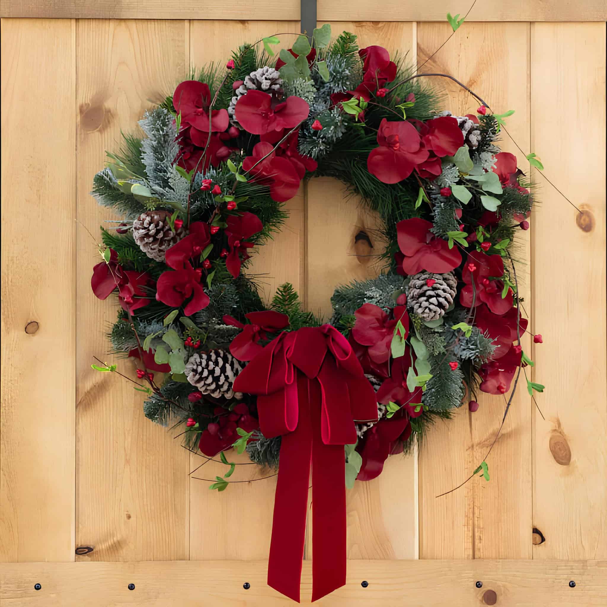 Classic pine wreath with velvet-red florals, pinecones and long ribbon bow