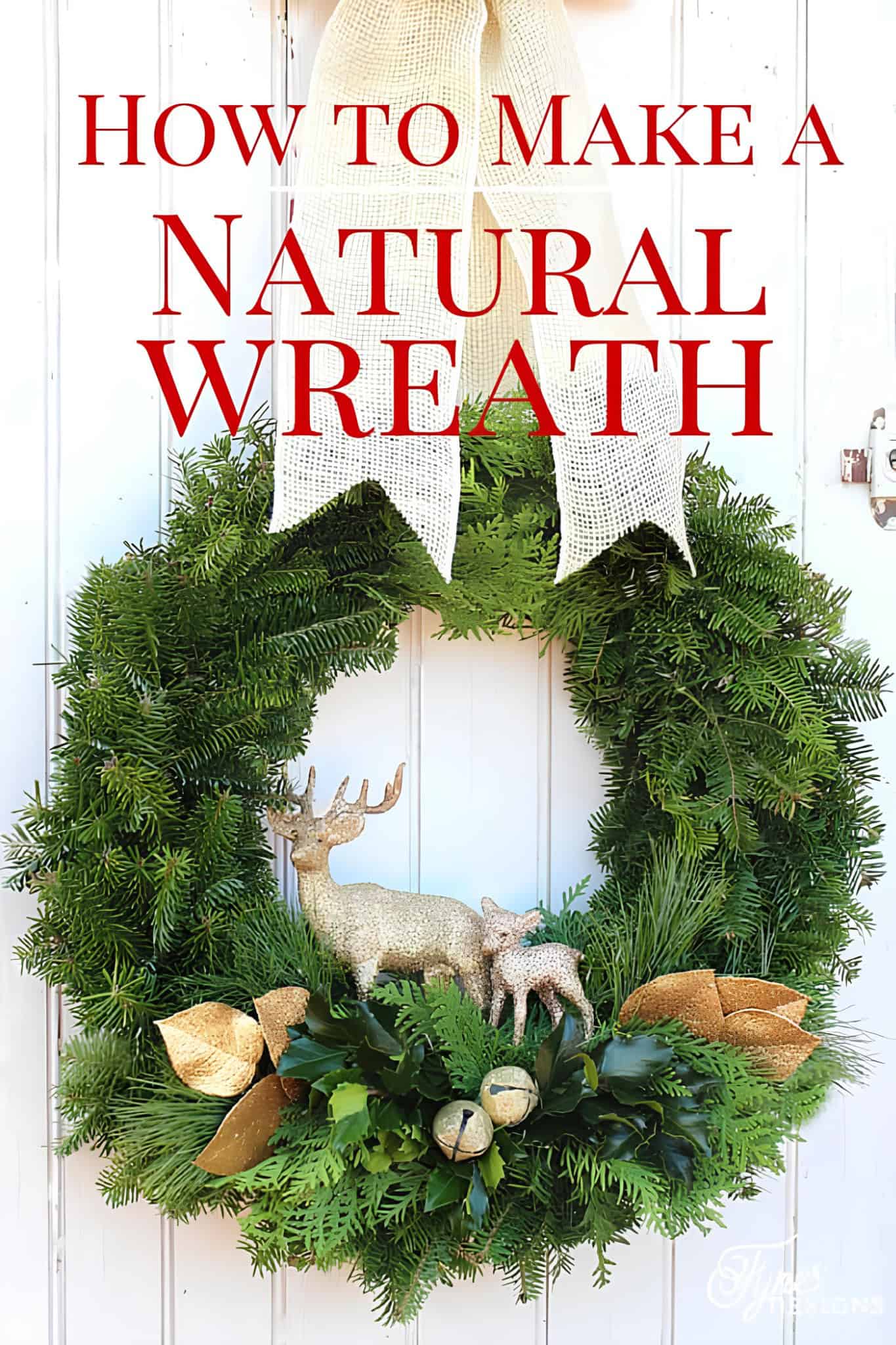 DIY natural Christmas wreath with golden reindeer, bells and burlap bow