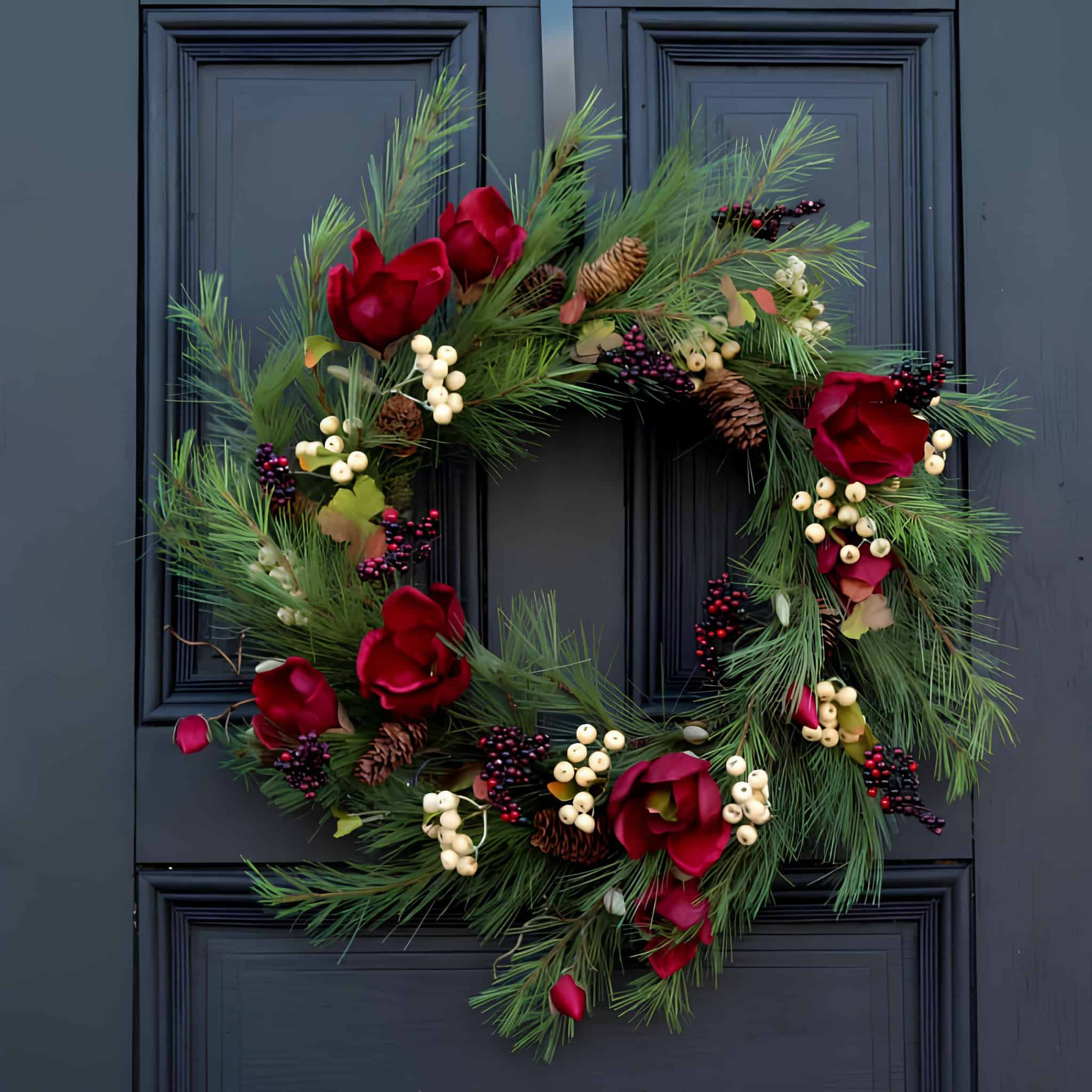 Elegant pine wreath with red magnolia flowers and berries