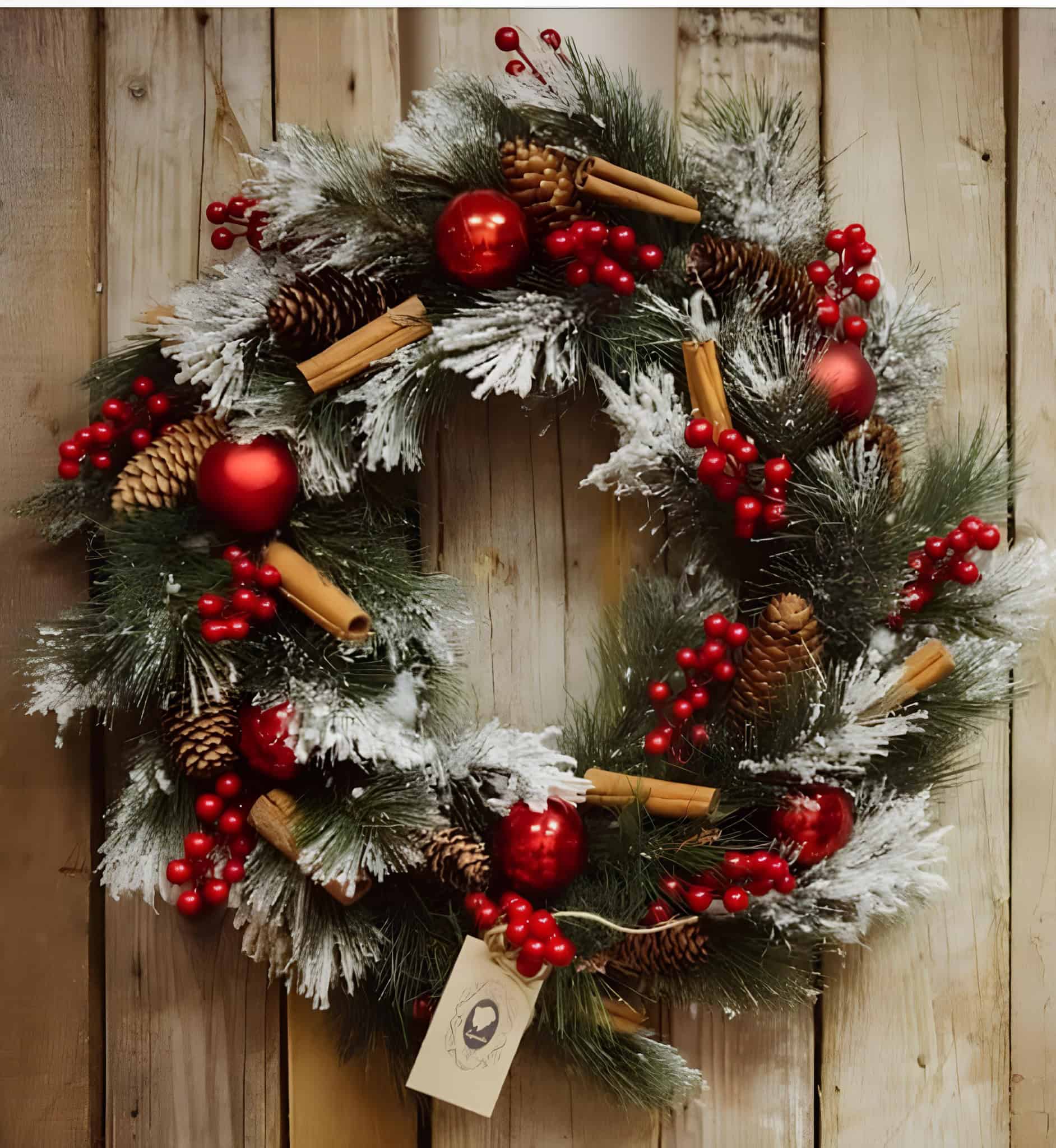 Frosted pine wreath decorated with cinnamon sticks, red berries and pinecones
