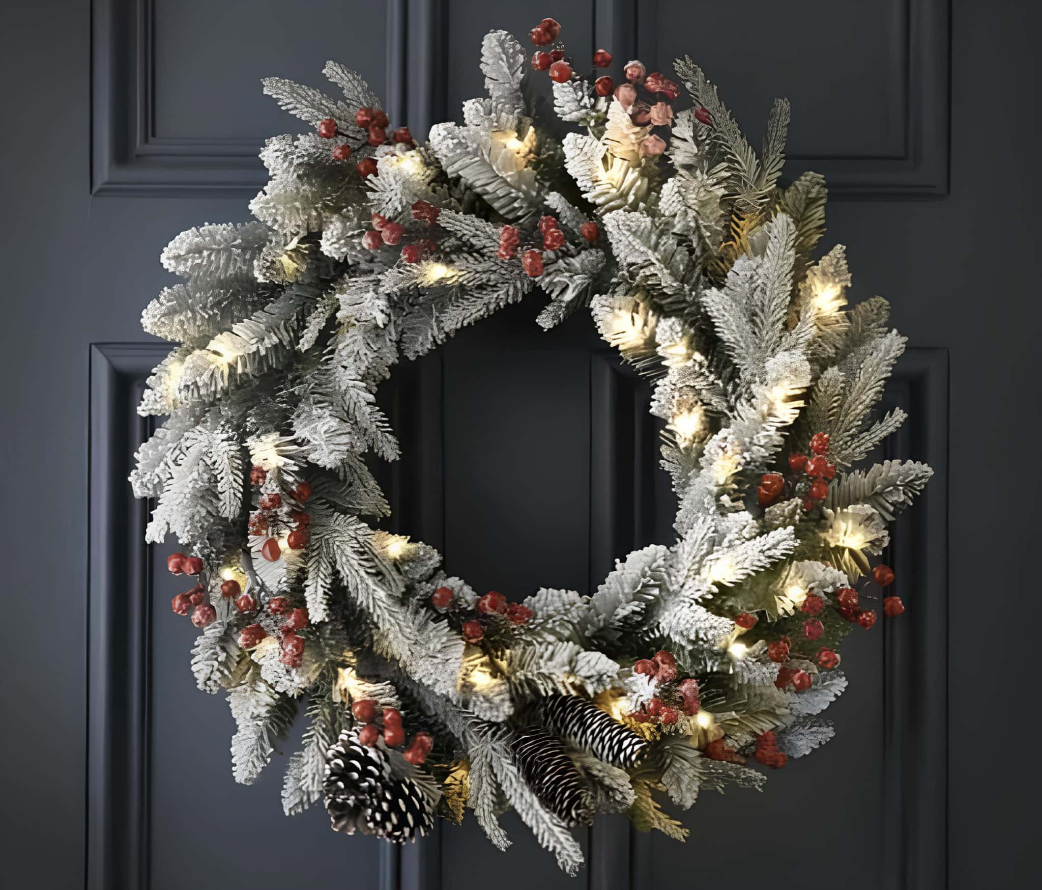 Flocked Christmas wreath with LED lights and red berries