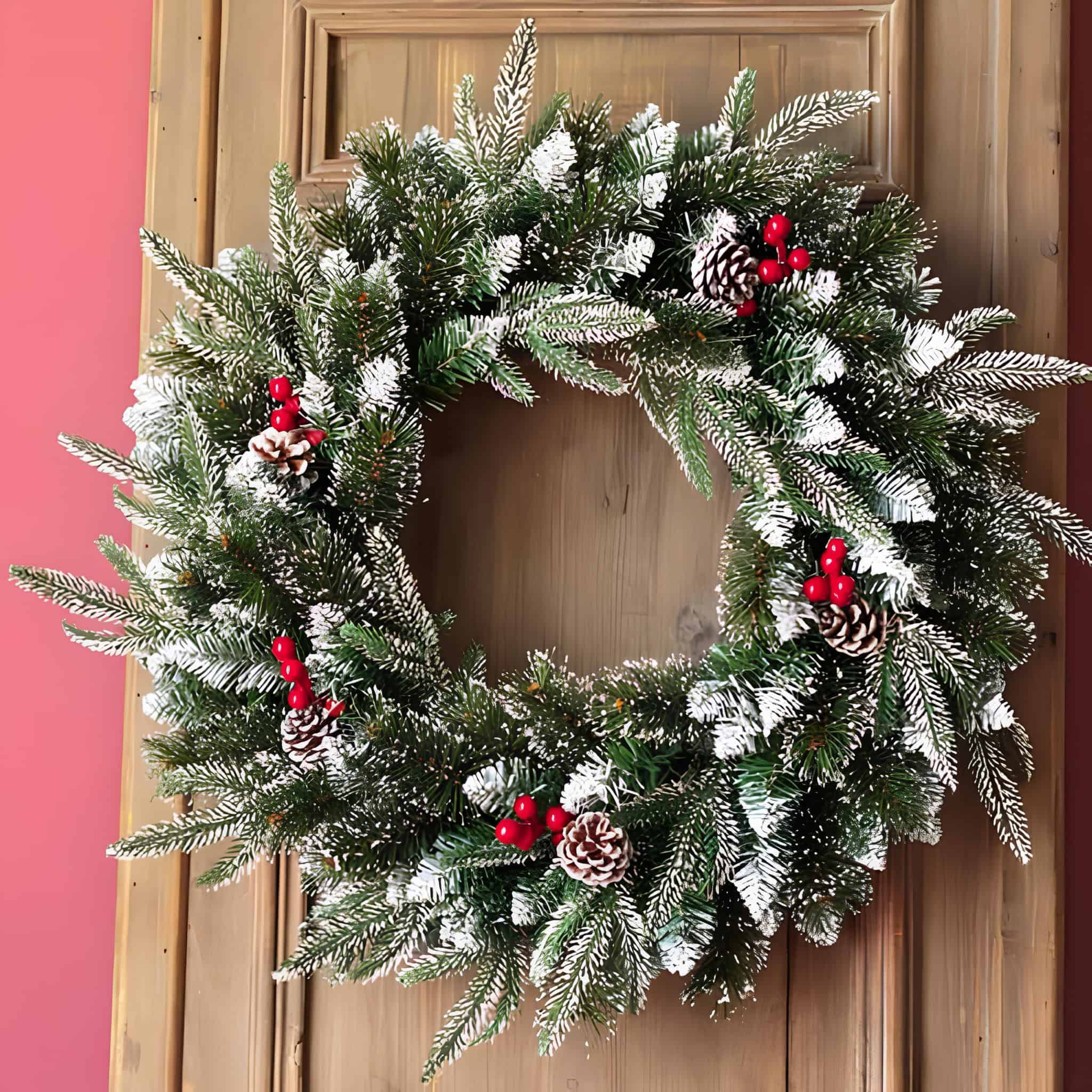 Traditional snow-dusted pine wreath with pinecones and red berries