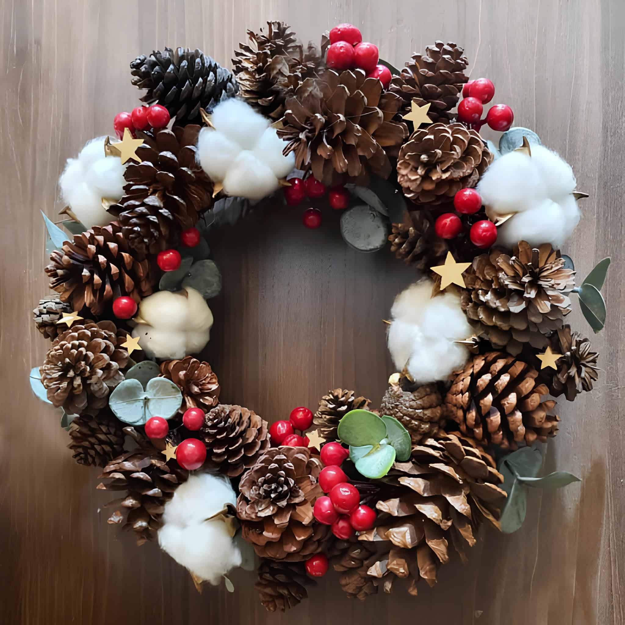 Natural pinecone Christmas wreath with red berries, cotton puffs, and eucalyptus