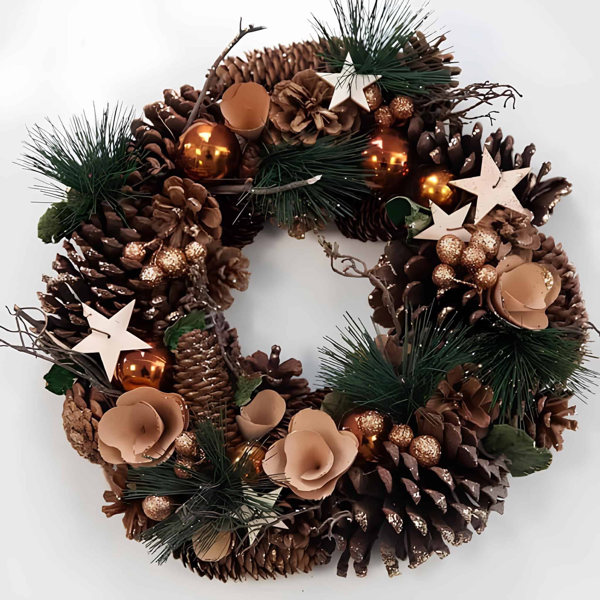 Rustic lantern wreath with pinecones, greenery, and star accents