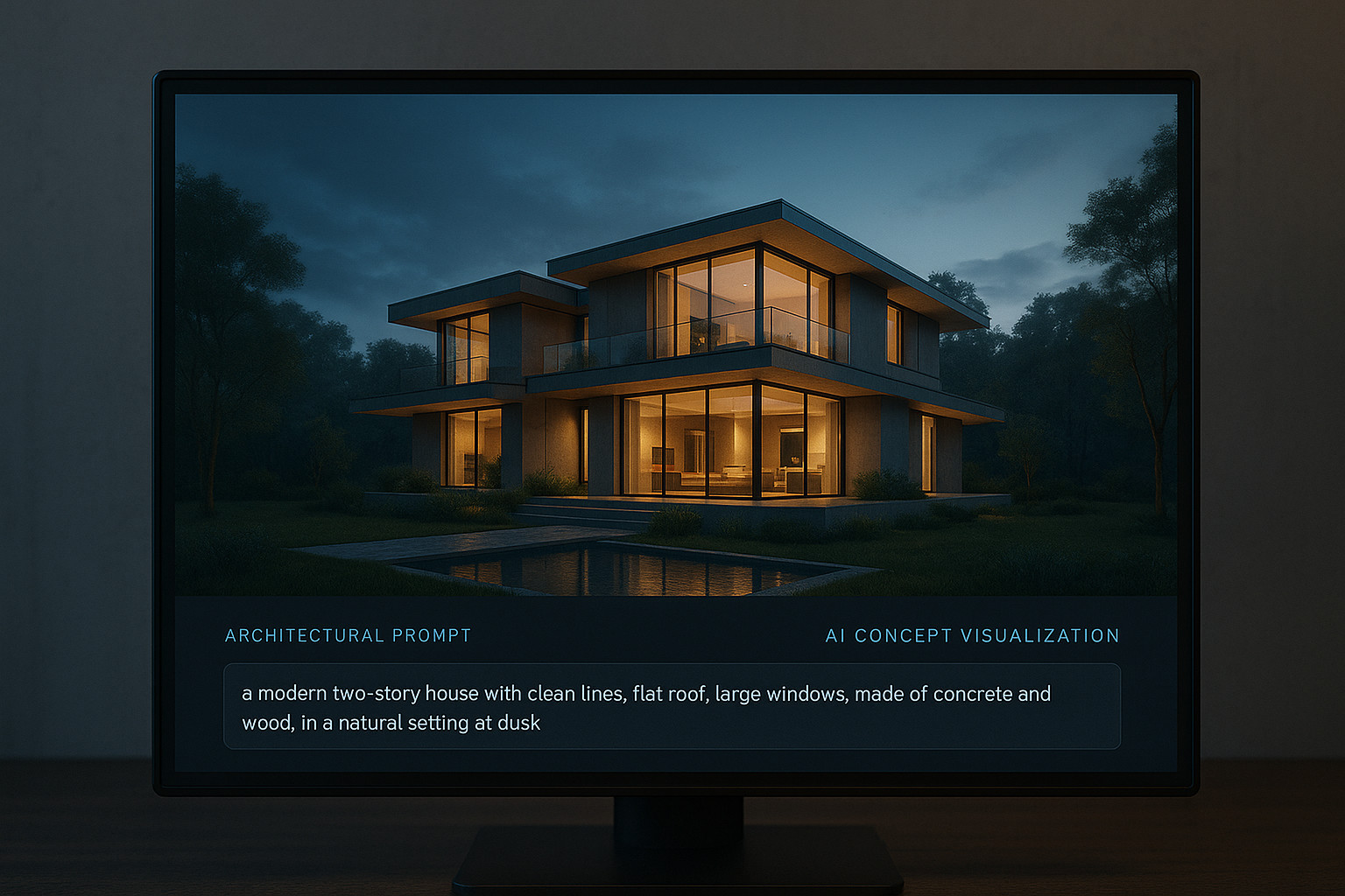 Architectural prompts generating AI-concept visualizations on a digital screen