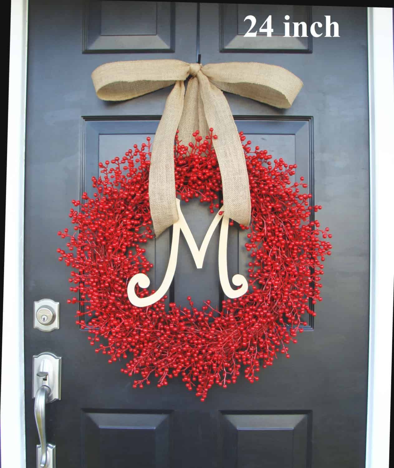 Red berry wreath with burlap bow and letter monogram