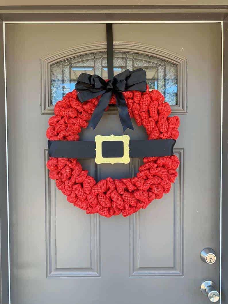 Red burlap Santa belt Christmas wreath with gold buckle
