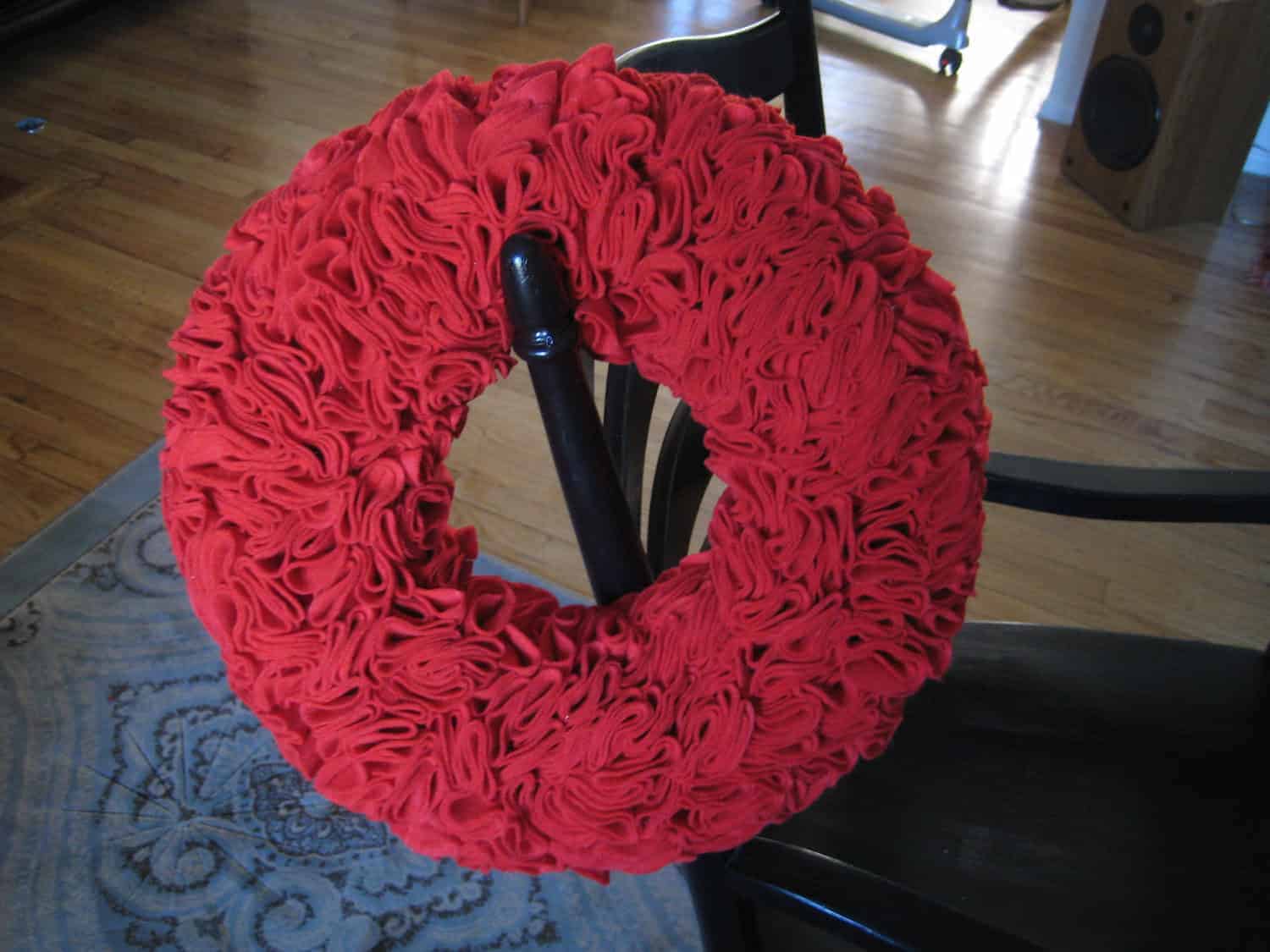 Handmade red fabric ruffle Christmas wreath