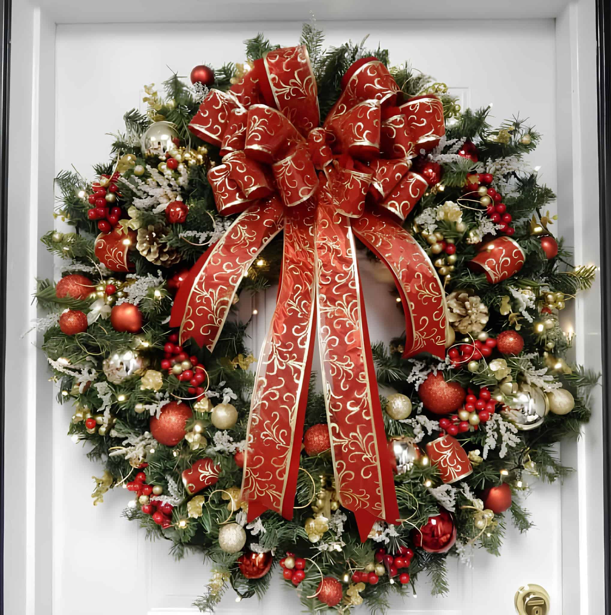 Elegant red and gold Christmas wreath with a large bow and ornaments