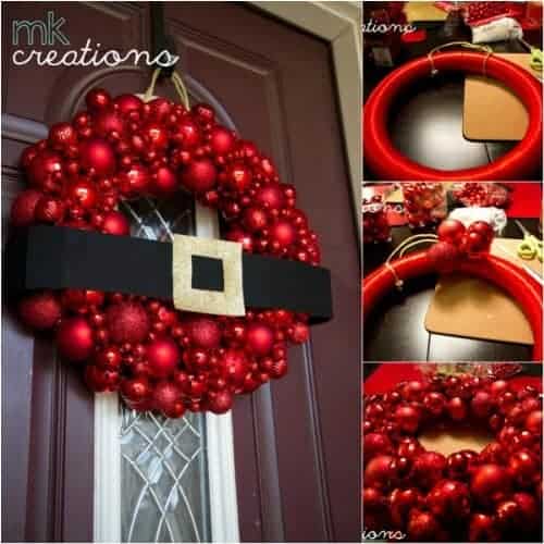 Red ornament Christmas wreath with Santa belt design