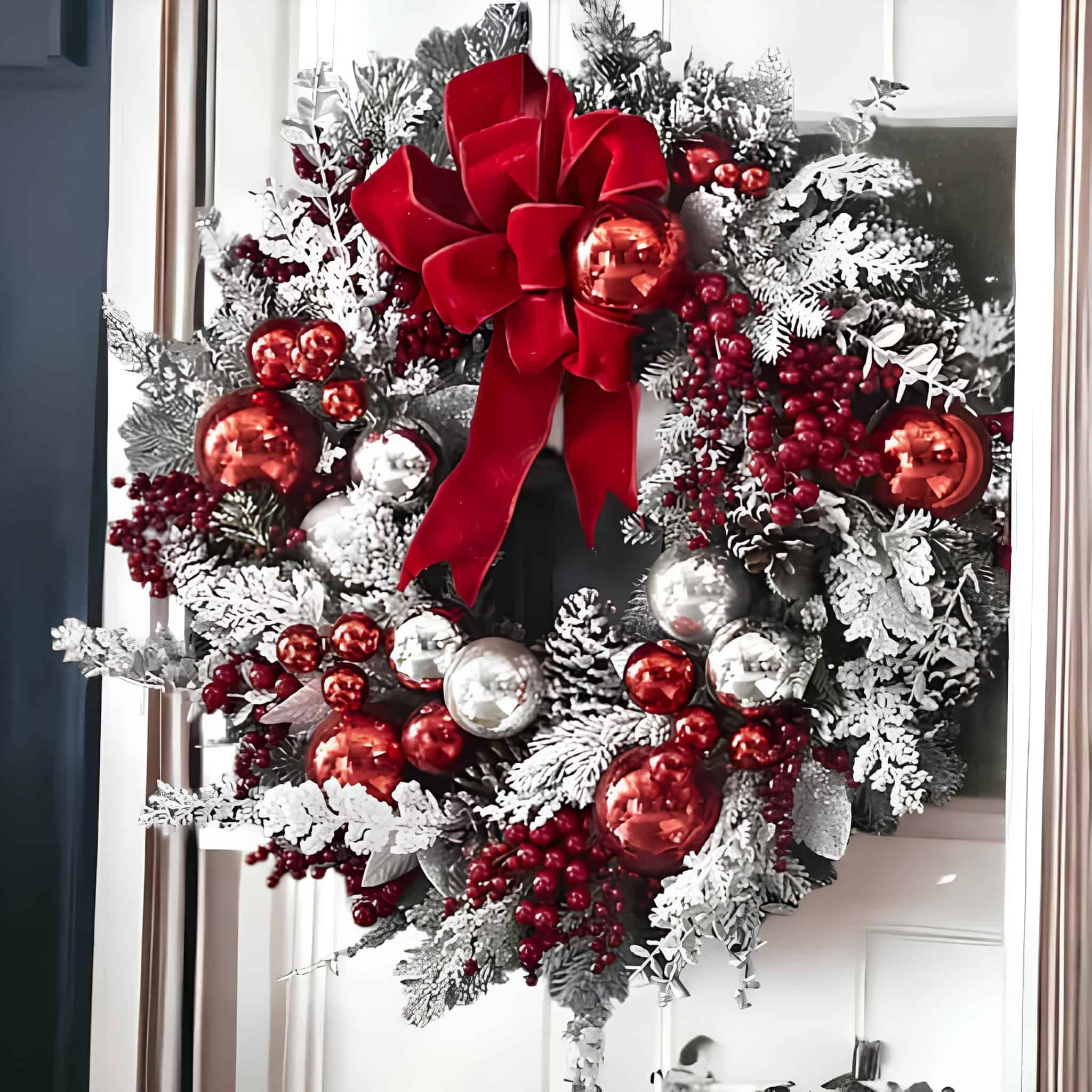 Lantern wreath in red and silver with bow, berries, and frosted greens