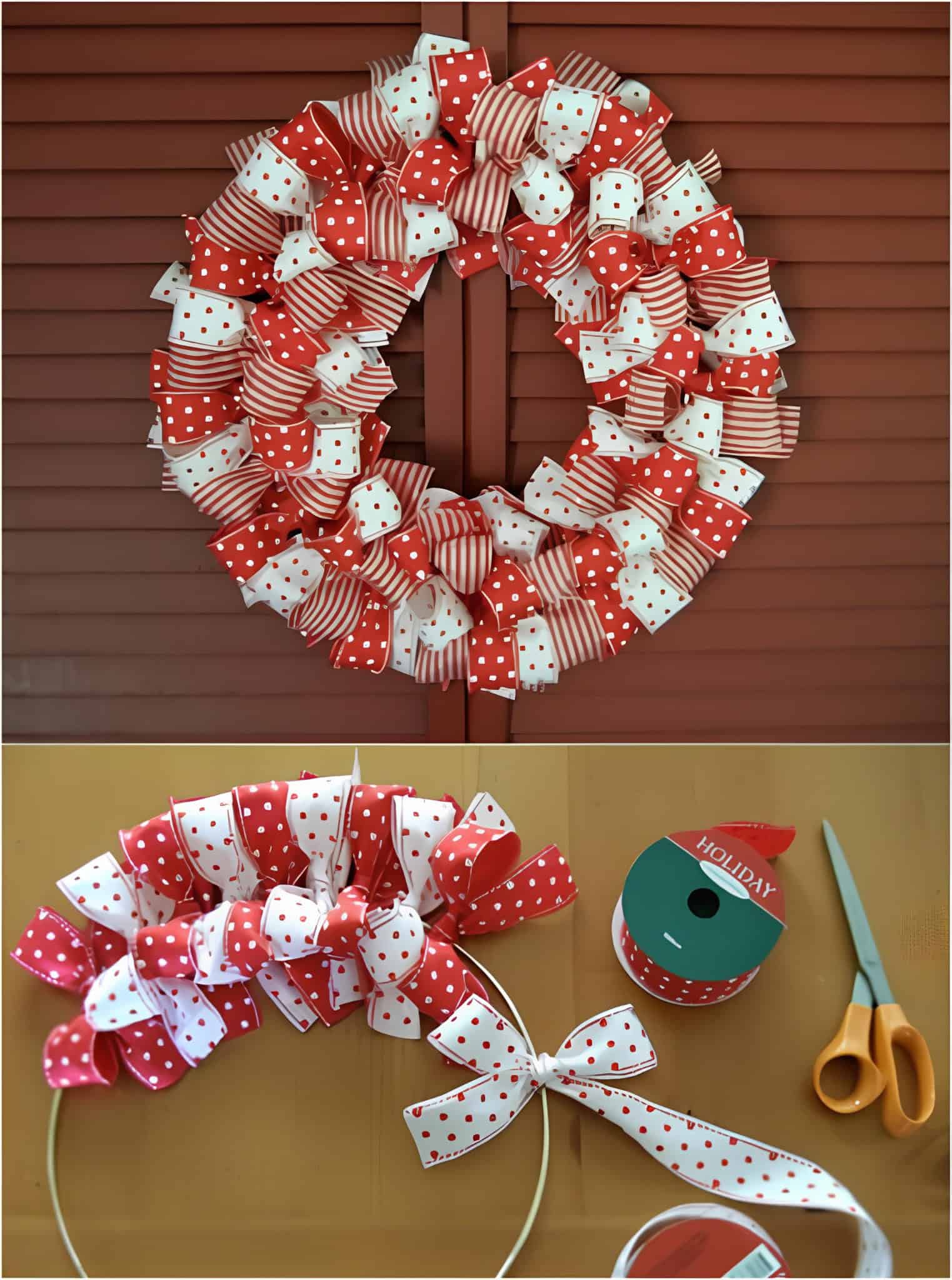 Handmade ribbon wreath in red and white polka dots with step-by-step in-progress view