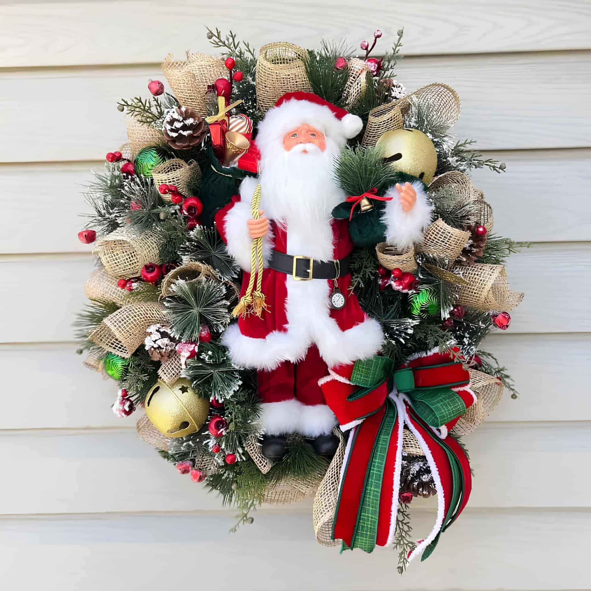 Classic Santa wreath with burlap, jingle bells, and pine branches