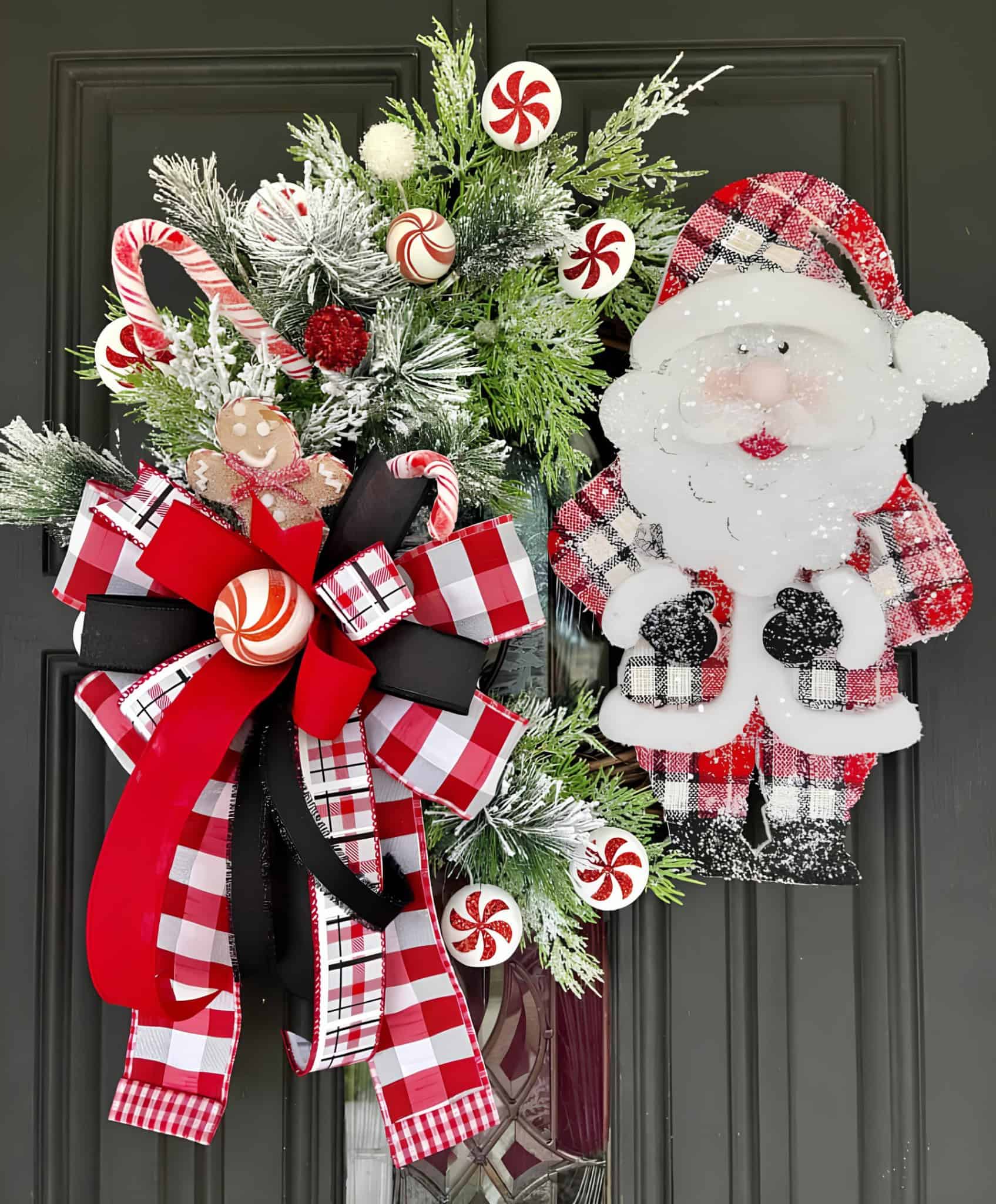 Side-mounted plaid Santa wreath with peppermint accents and big bow