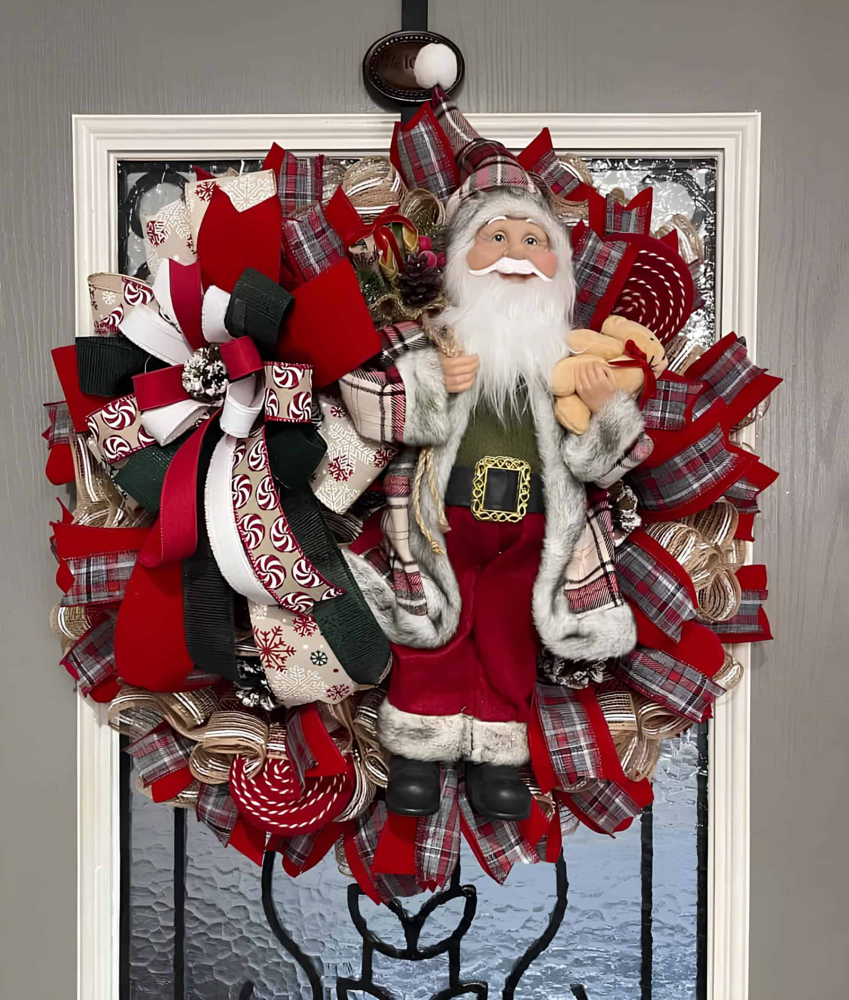 Santa wreath with plaid coat and candy-striped ribbons
