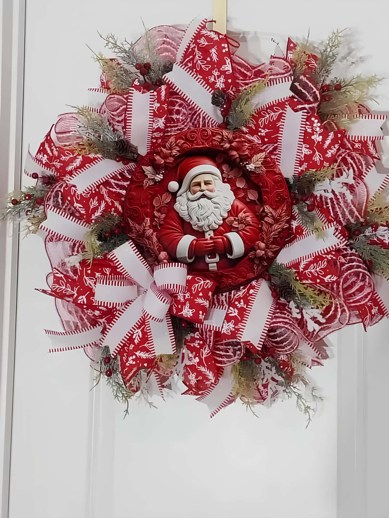Layered red ribbon wreath with Santa centerpiece and winter sprigs
