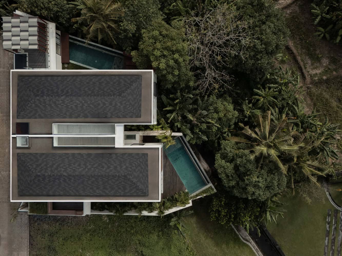 Tapa Villa Aerial Top View by Studio Tanama Tapa Villa by Studio Tanama aerial top view showing pool and roof layout in Bali, Indonesia