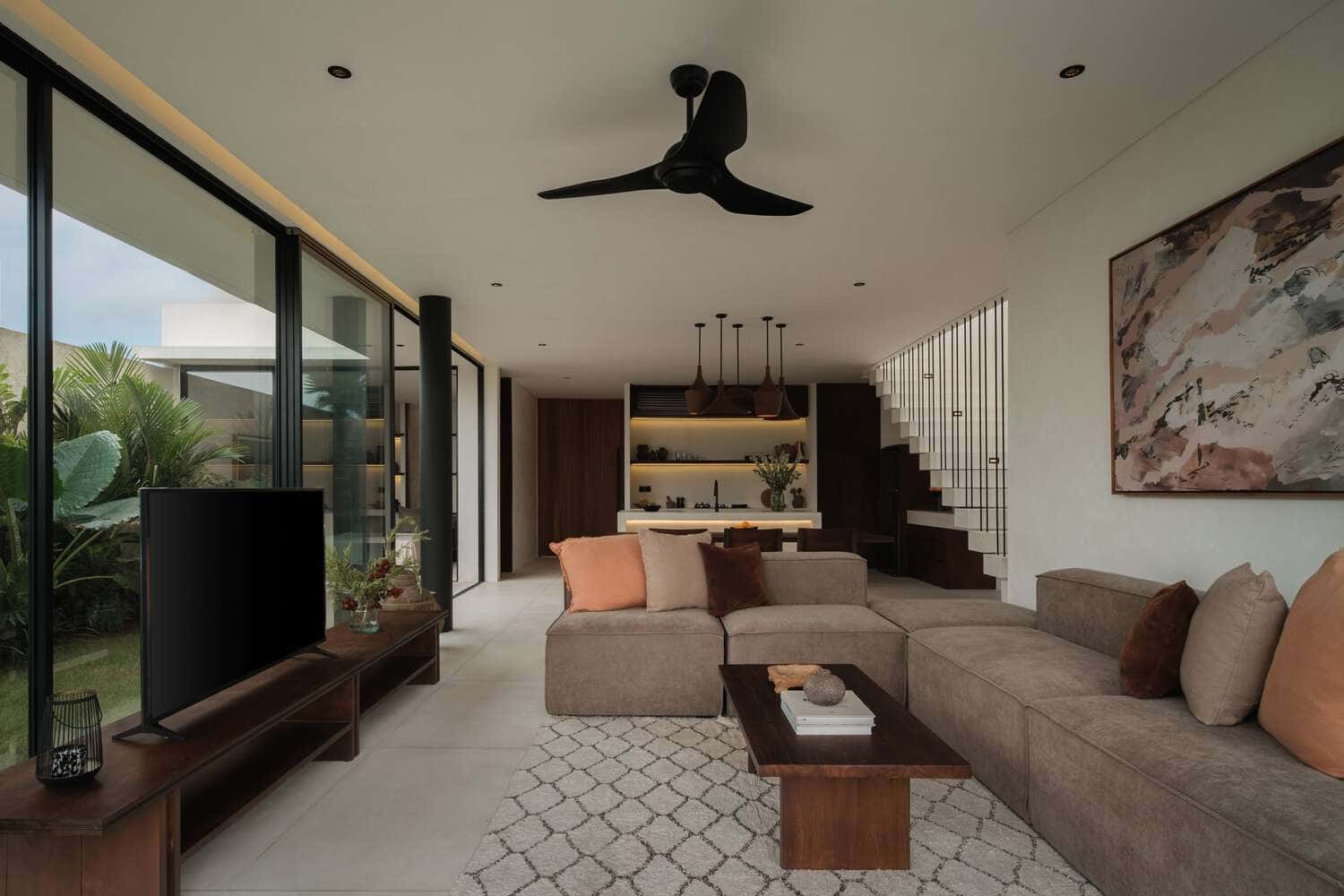 Tapa Villa Living Axis by Studio Tanama Tapa Villa by Studio Tanama open-plan living with long axis to kitchen and stair in Bali, Indonesia