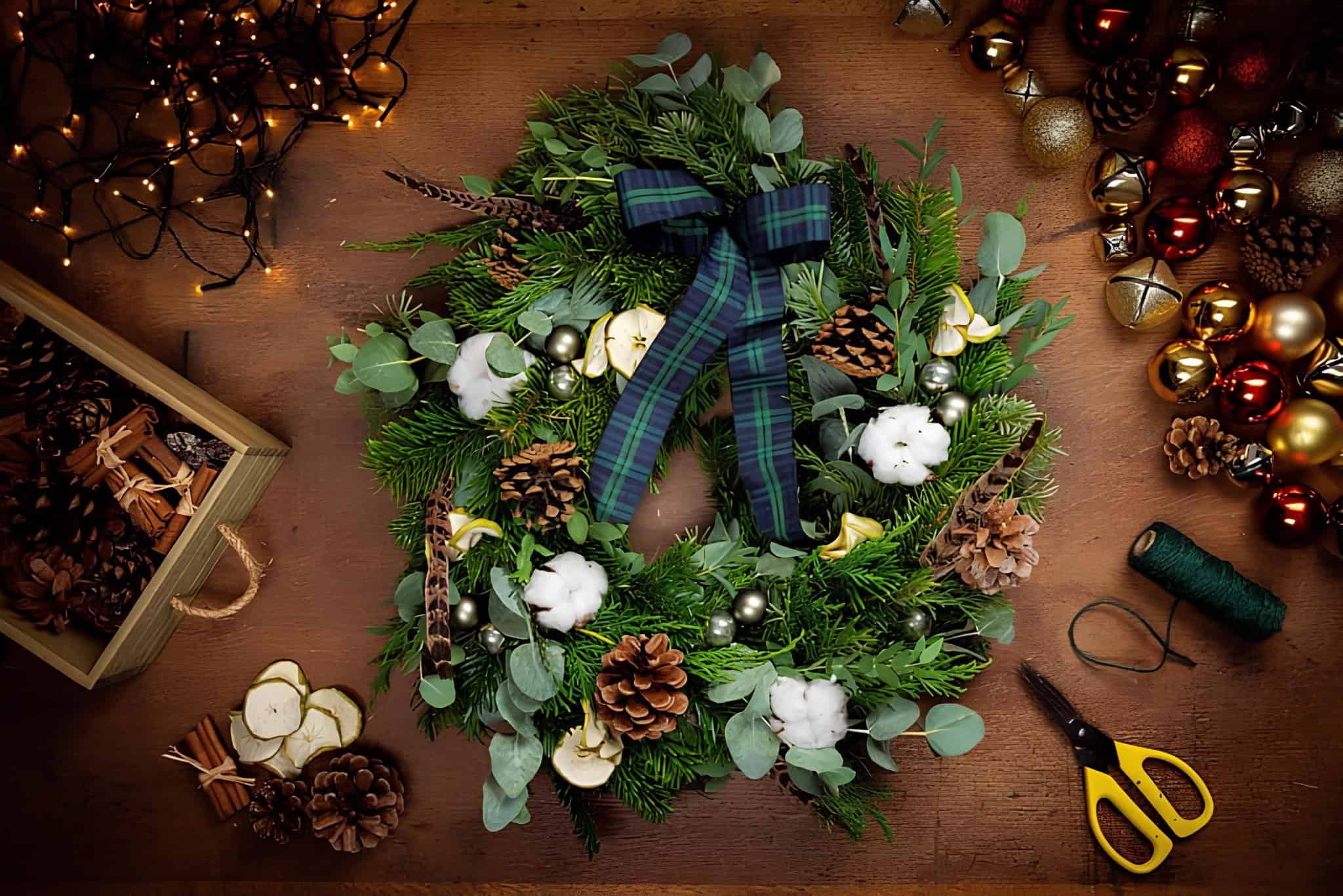 Christmas wreath with tartan bow, eucalyptus, cotton bolls, citrus slices, and pinecones