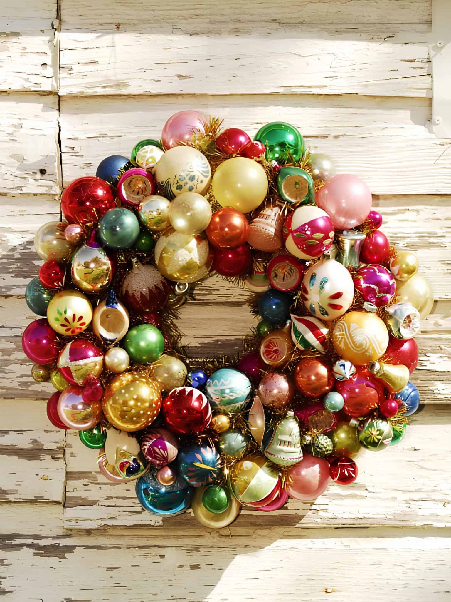Colorful Christmas ornament wreath with shiny baubles in red, gold, green, pink, and blue, decorated with gold tinsel, arranged on a rustic white wooden background.